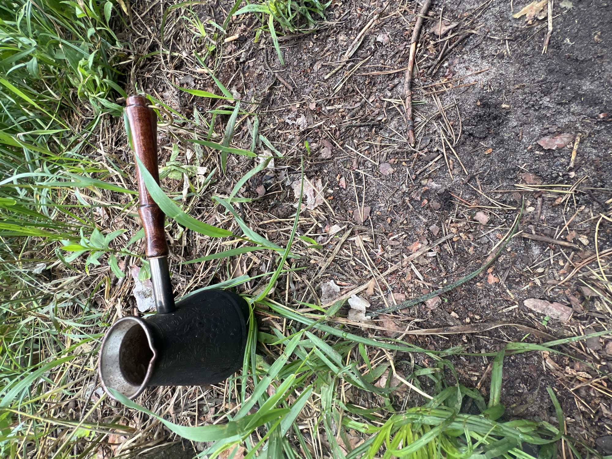 An overhead, close-up shot shows a black cezve filled with dark liquid placed on the ground amidst tall green grass and forest debris. The cezve has a long, wooden handle. The ground is composed of dark soil, fallen leaves, pine needles, and small twigs. The lighting suggests an outdoor setting, possibly a forest floor.