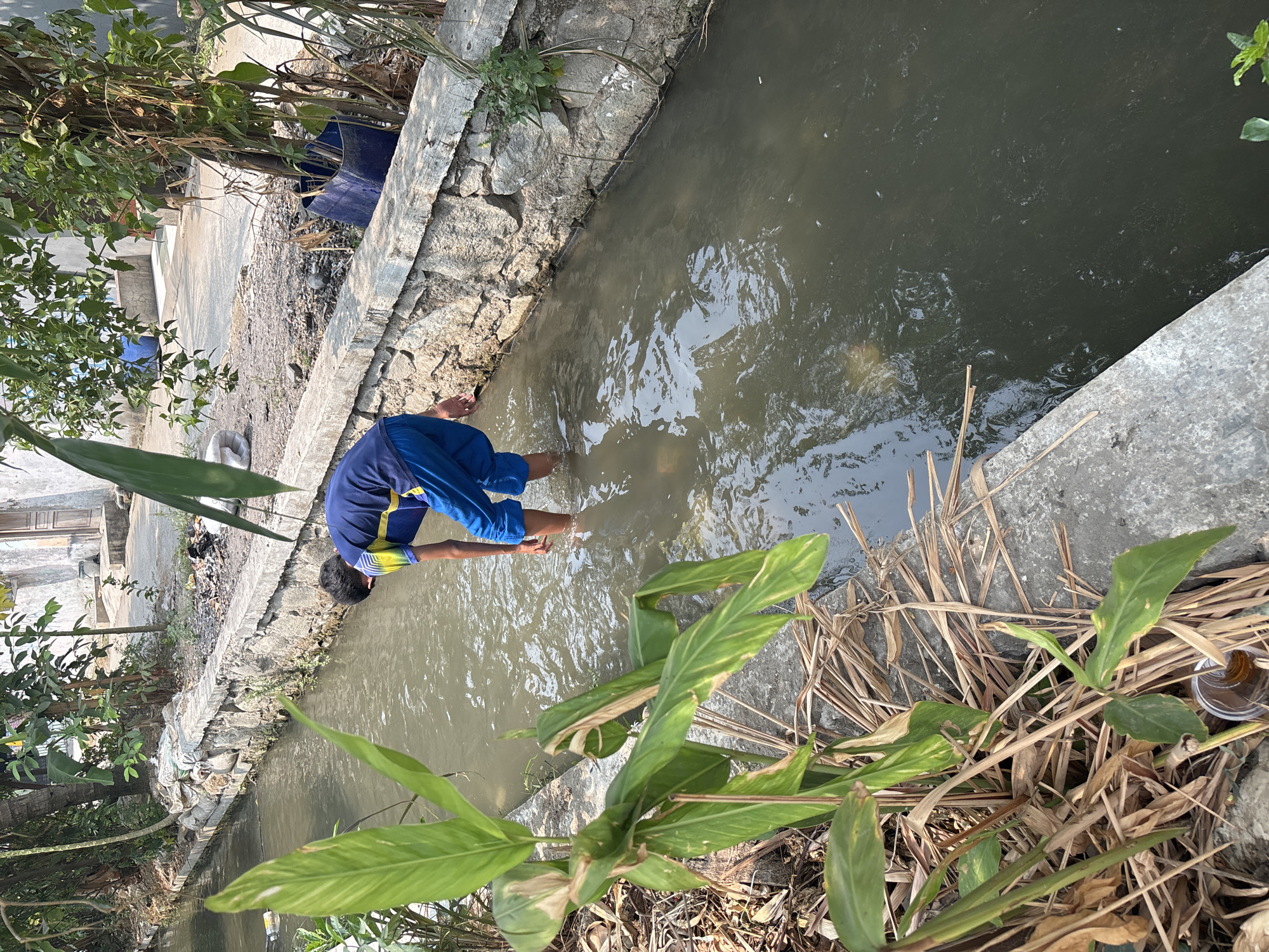 In Telagamurni, Indonesia, a young boy wearing a blue and yellow t-shirt and blue shorts stands in a murky, shallow canal, reaching into the water. The canal is bordered by a stone wall on the right and a concrete edge on the left, with dry leaves and green foliage growing along the banks. In the background, a street is visible, lined with trees and buildings. The overall scene suggests a residential area with some degree of neglect, evidenced by the debris and the condition of the canal.