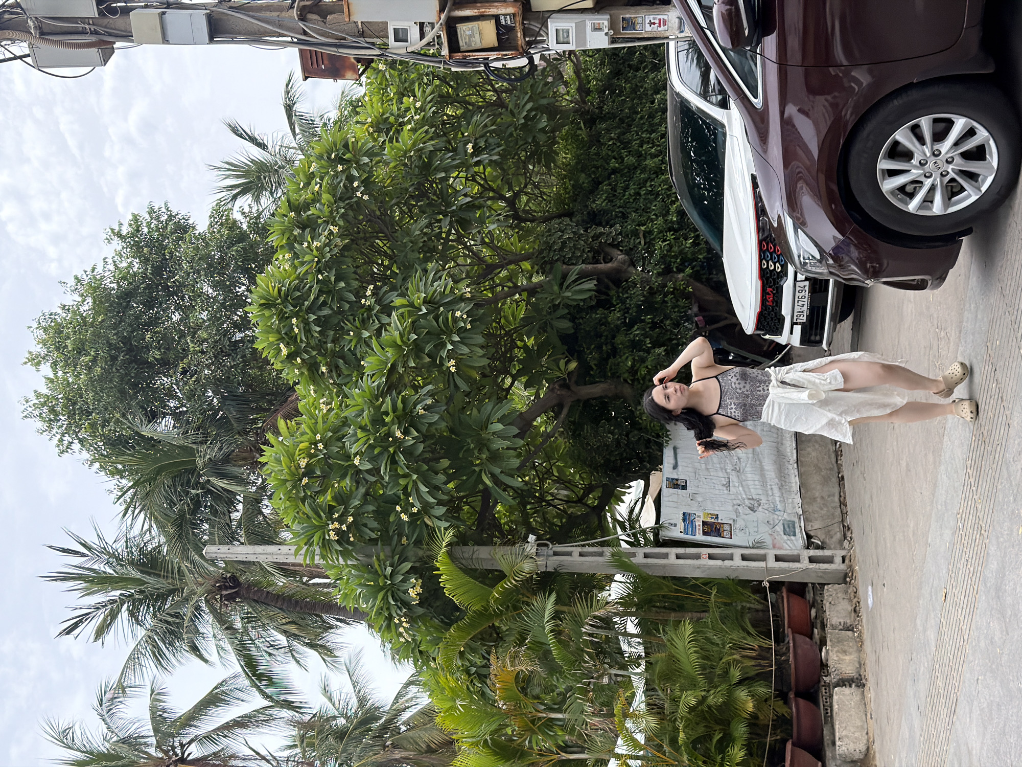 A young woman is walking on a sidewalk in Nha Trang, Vietnam. She is wearing a dark patterned tank top, a white sarong tied around her waist, and tan Crocs. She has long, dark hair that she is touching with her left hand. She is walking towards the right of the image, away from the viewer.
In the background, there are several parked cars. A white SUV with a distinctive red grille is parked behind a dark red minivan. The license plate on the white SUV reads "79A.476.94".
The environment is lush and green, with numerous palm trees and a large tree with white flowers dominating the background. There is a concrete utility pole with electrical boxes on the right side of the image. The ground in the foreground is paved with concrete and has textured tiles. The overall scene suggests a warm, tropical climate.