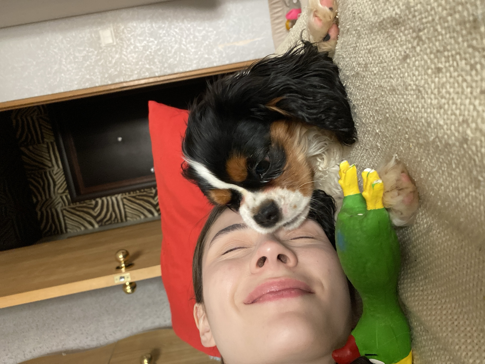 A woman with closed eyes and a slight smile on her face is lying on a tan-colored couch, with a red pillow supporting her head. A Cavalier King Charles Spaniel dog is resting its head on her forehead, its face close to hers. A green and yellow duck toy is positioned next to her face on the right. The scene is indoors, with a dresser visible in the background, featuring wooden drawers and ornate gold-colored knobs. The wall behind the dresser is decorated with textured wallpaper. There is no evidence indicating this image was taken in Votkinsk, Russia.