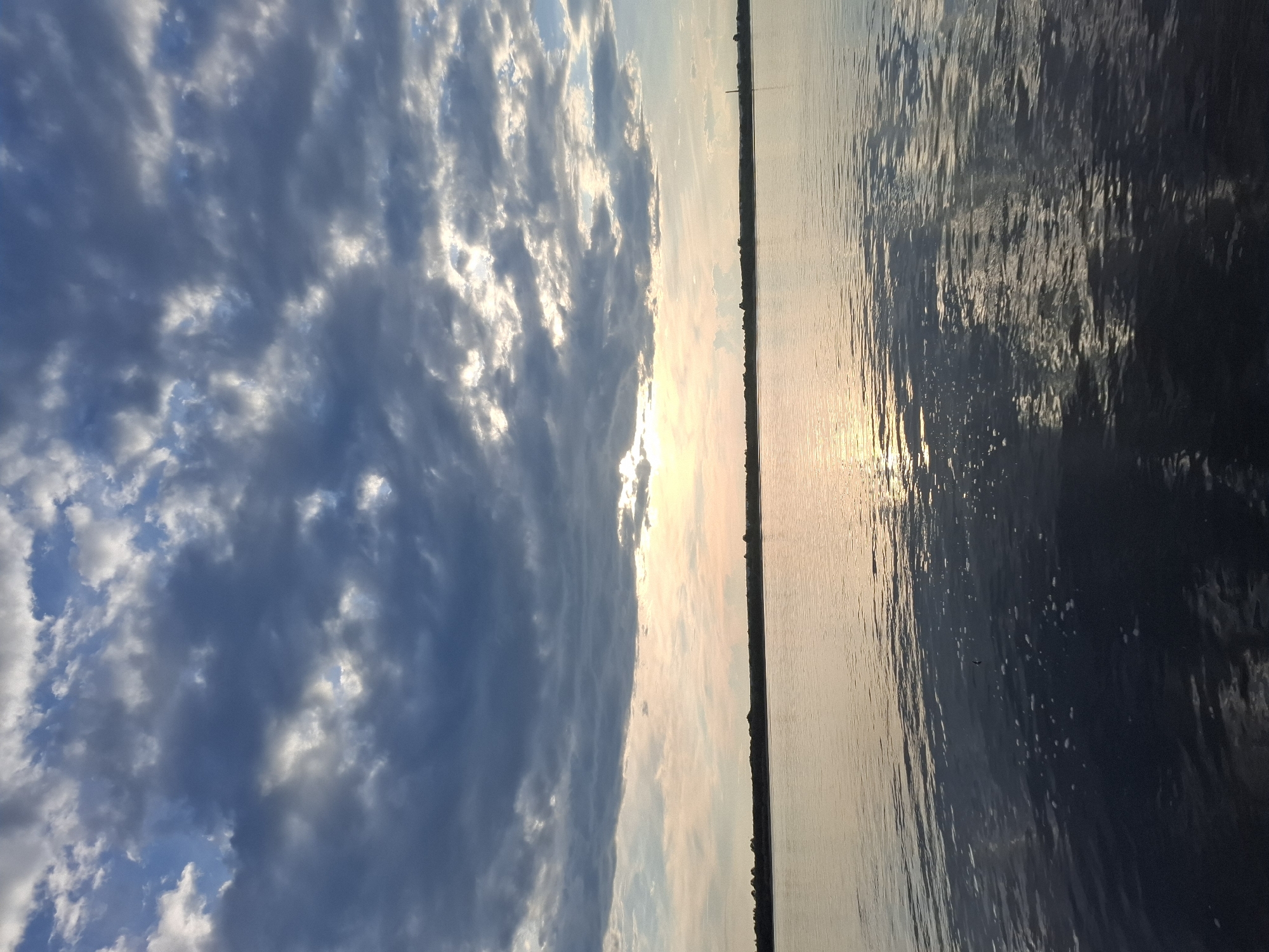 The image depicts a scenic view of clouds and a body of water, likely a river, with the sun setting or rising. The sky is filled with dynamic clouds, ranging from dark, stormy gray to lighter, wispy white formations. The sun's rays are breaking through the clouds, creating a bright glow that illuminates the scene.
The body of water occupies the right side of the frame and reflects the sky's colors. The surface of the water is rippled, showing the effect of a gentle breeze. A thin strip of land with dark, silhouetted trees or vegetation is visible along the horizon, separating the water from the sky. In the distance, a slender tower or pole stands against the sky.
The overall mood of the image is peaceful and serene, with a sense of natural beauty. The time of day is indicated by the warm, golden light of the sun, suggesting either sunrise or sunset. The weather appears to be partly cloudy, with dramatic cloud formations. The location is suggested to be Введеновка, Russia, which aligns with the natural landscape shown. No people or man-made objects other than the distant tower are clearly visible in the main frame.