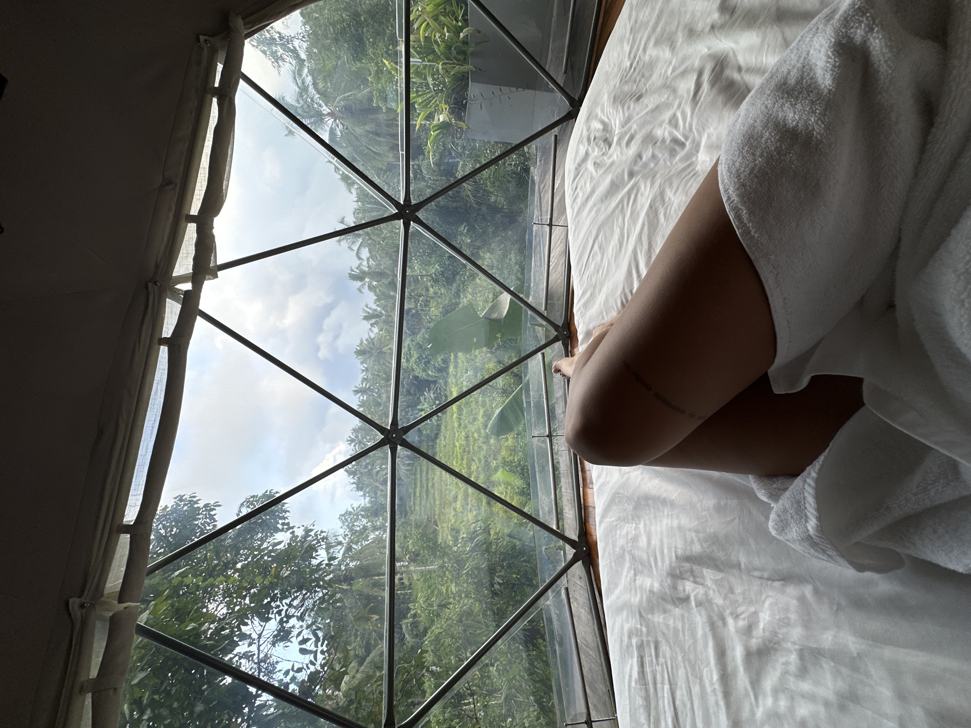 A high-angle, indoor shot depicts a person resting in bed with a view of Licin, Indonesia. The individual is partially visible; their legs are covered by a white towel. They lie on white sheets. The focal point is a geodesic window revealing a lush, green landscape under a partially cloudy sky. The window frame comprises multiple intersecting metal bars. The scene is within an enclosed structure, likely a dome or tent, indicated by the interior framework and fabric. The environment suggests a natural, tranquil setting, consistent with a resort or retreat location.