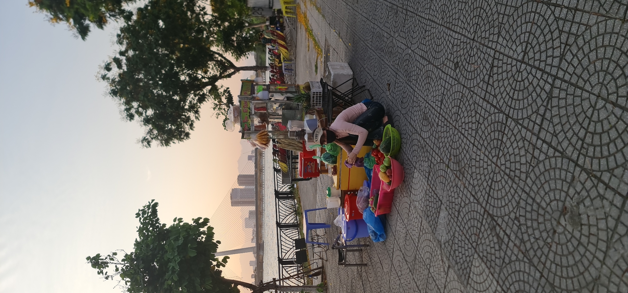 A street vendor is arranging fruits and vegetables next to their mobile cart along the Hàn River in Đà Nẵng, Vietnam. The cart has a display of corn and beverages. The vendor is kneeling near several colorful containers, apparently organizing produce. The city skyline is visible in the background across the river with a large bridge spanning the waterway. The walkway is paved with a circular pattern. A tree is to the left of the cart. The sky is overcast.