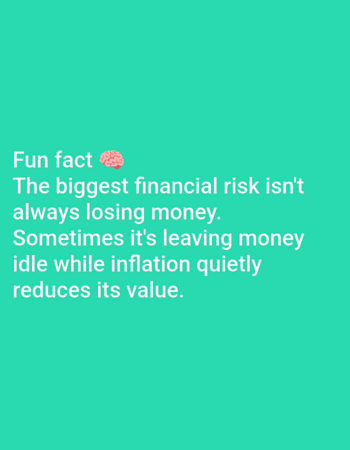 The image is a screenshot of a social media post against a bright teal background. The text reads: "Fun fact ๐ง The biggest financial risk isn't always losing money. Sometimes it's leaving money idle while inflation quietly reduces its value." There are no people, objects, or environmental details visible, and therefore no connection to Lagos, Nigeria can be made.