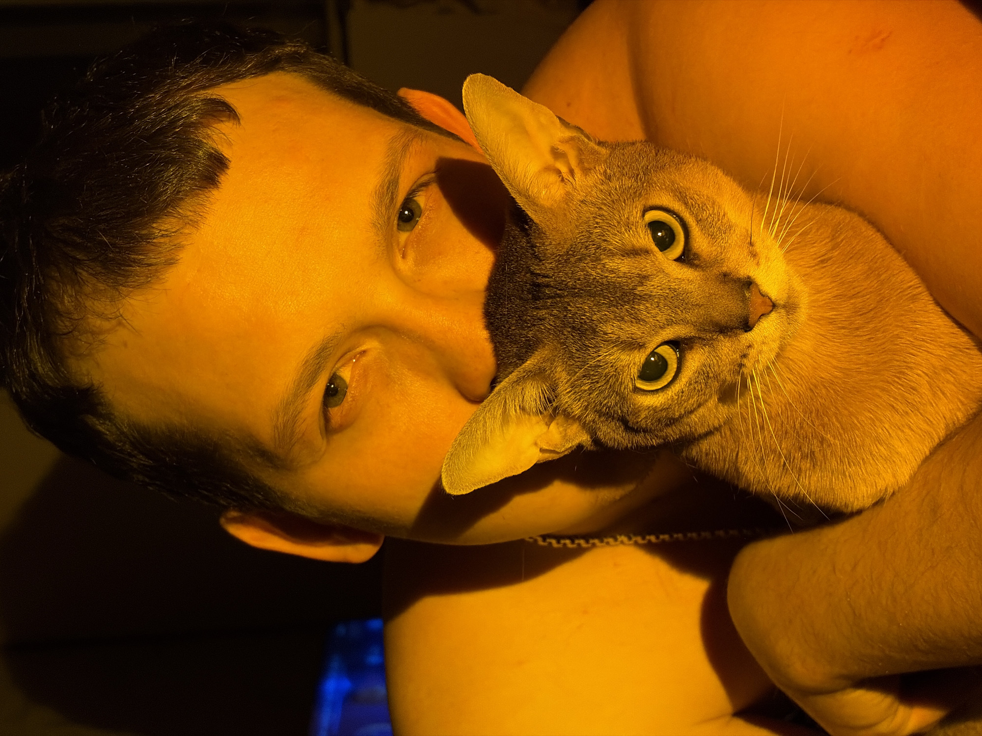 A man and a cat are in a close embrace. The man, with short, dark hair, looks directly at the camera, his face close to the cat's. The cat, a shorthair with large, round, yellow eyes, also looks towards the camera. The lighting is strong and warm, giving everything a yellow hue. A delicate chain is visible around the man's neck. The location is not discernible from the visual information.