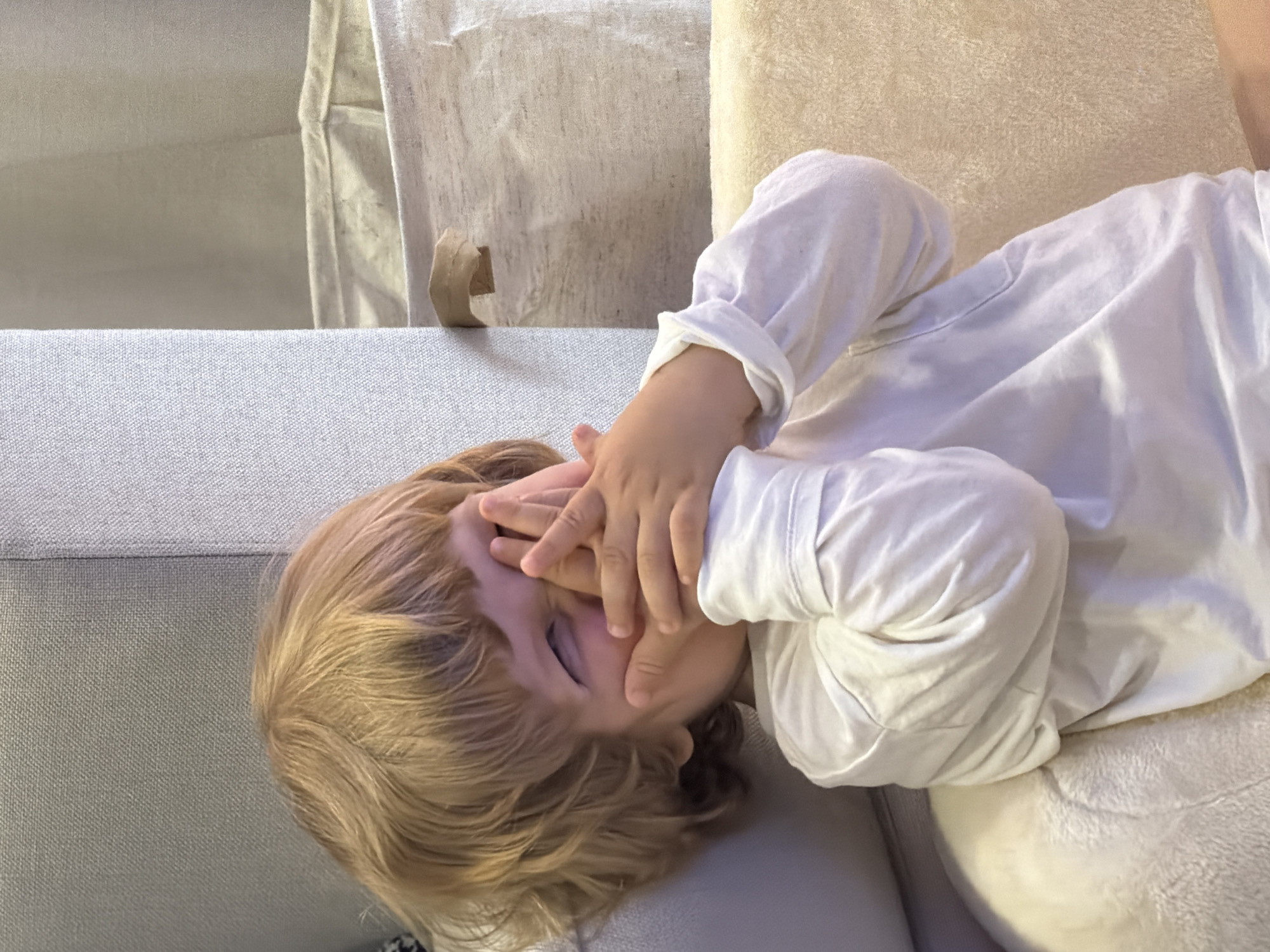A blond-haired child lies on a gray sofa with a white long-sleeved shirt covering their face. The scene appears to be indoors. The location is unknown.