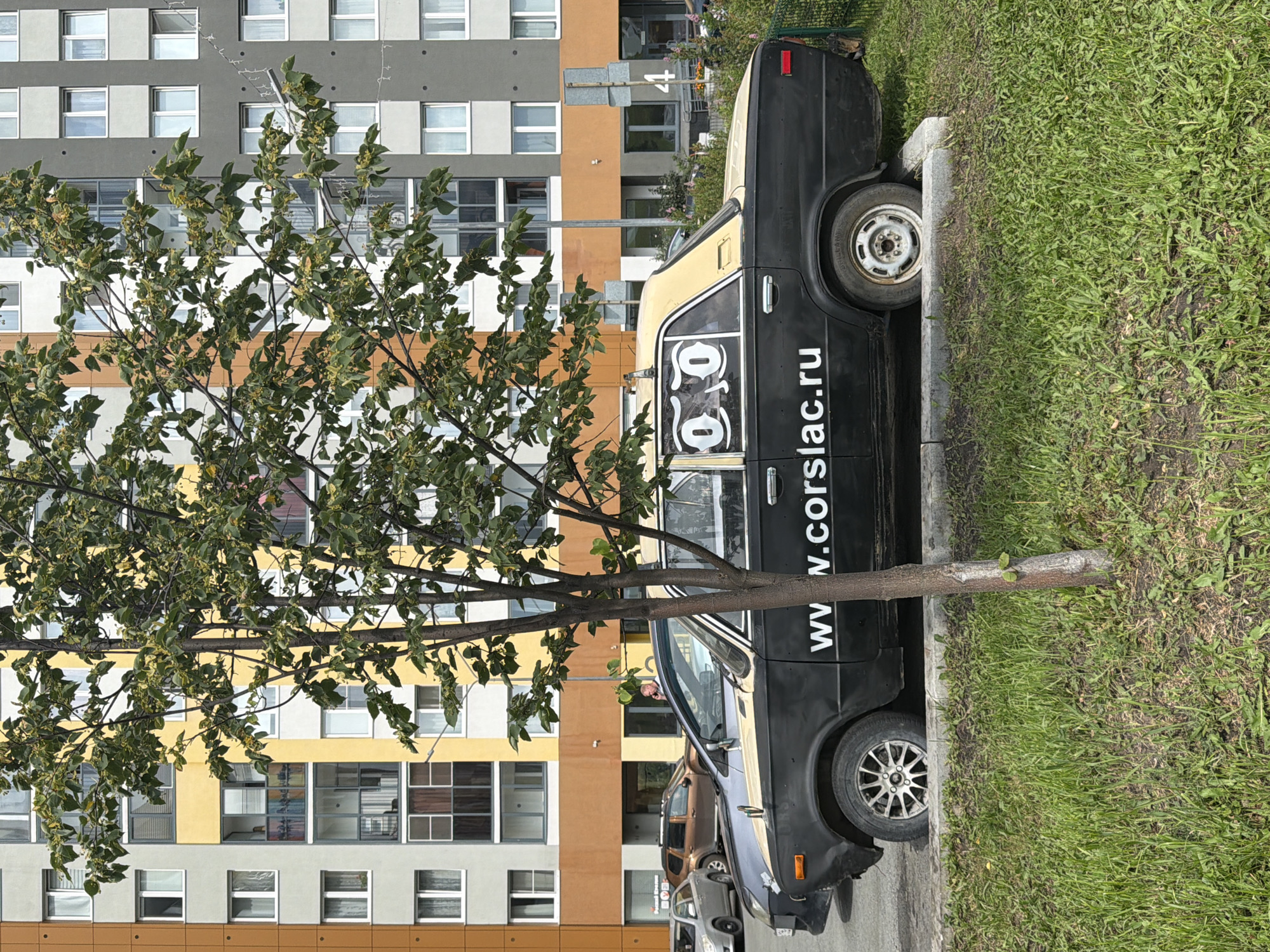 A parked black sedan with a yellow roof and "www.corslac.ru" written on its side is the central focus of the image. The car has two white circles with smaller white circles inside them on its rear passenger window, resembling cartoon eyes. The car is parked on an asphalt surface next to a grass-covered area. Behind the car, a modern apartment building with yellow and grey facades is visible, featuring numerous windows and balconies. A tree with green leaves stands in front of the car, partially obscuring it. In the background, several other cars are parked, and a fence is visible on the right side of the image. The location is identified as Yekaterinburg, Russia.