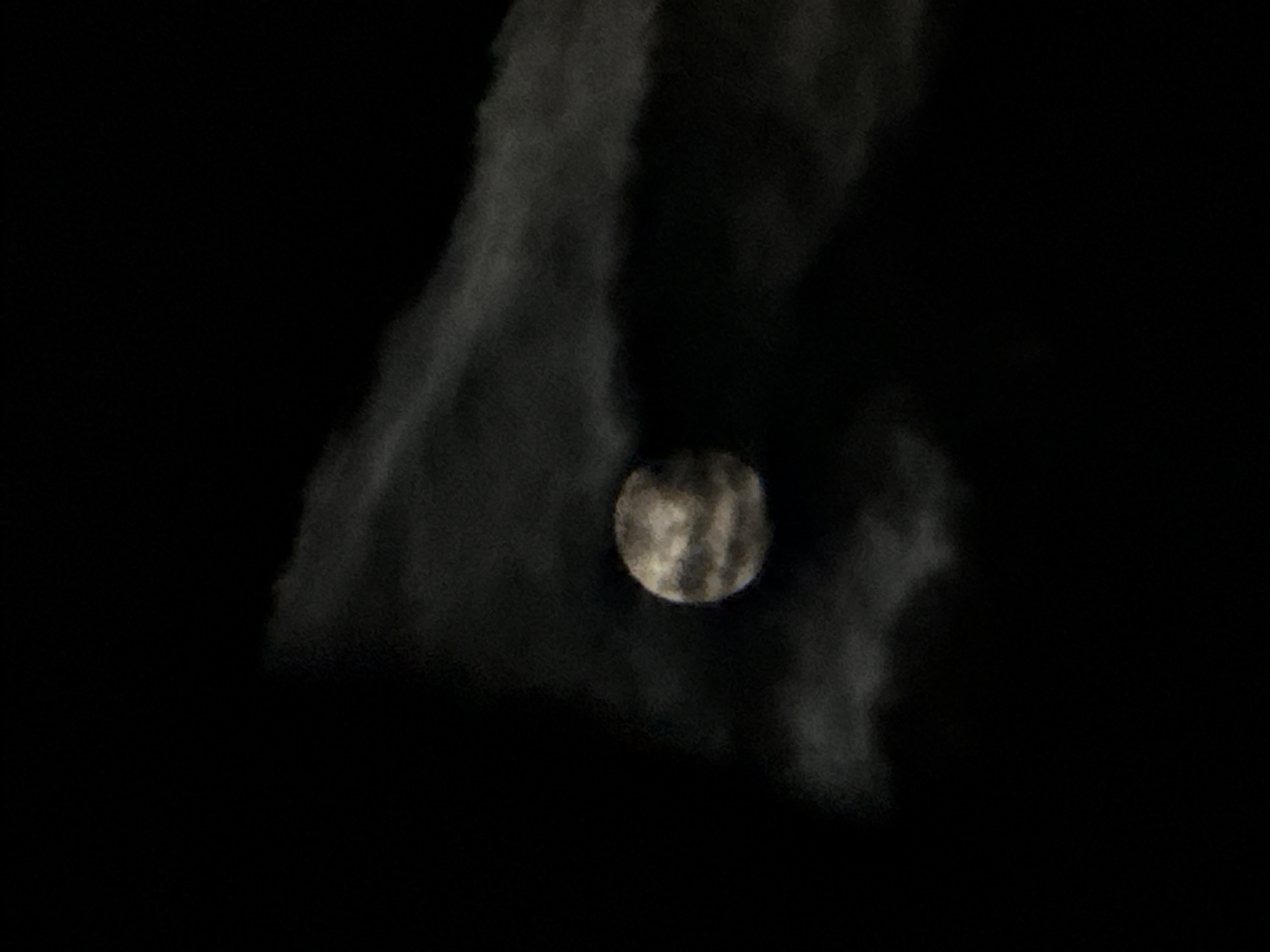 The image displays a full moon at night, partially veiled by clouds. The dominant feature is the luminous, spherical moon, positioned slightly below the center of the frame. Its surface shows subtle variations in tone, hinting at craters and geographical features, though these are softened and somewhat obscured by the atmospheric conditions.
Dark, wispy clouds drift across and around the moon. A prominent, elongated cloud formation runs vertically along the left side of the moon, partially covering it. Other translucent clouds appear to be scattered around, contributing to a hazy and ethereal atmosphere. The background is a deep, dark black, characteristic of a night sky, which makes the moon and illuminated clouds stand out vividly.
The overall impression is one of a serene and slightly mysterious night scene. The time of day is clearly night. No specific weather conditions other than cloudiness are indicated, and no particular location cues or visible text are present. The image quality has a slightly grainy texture.
