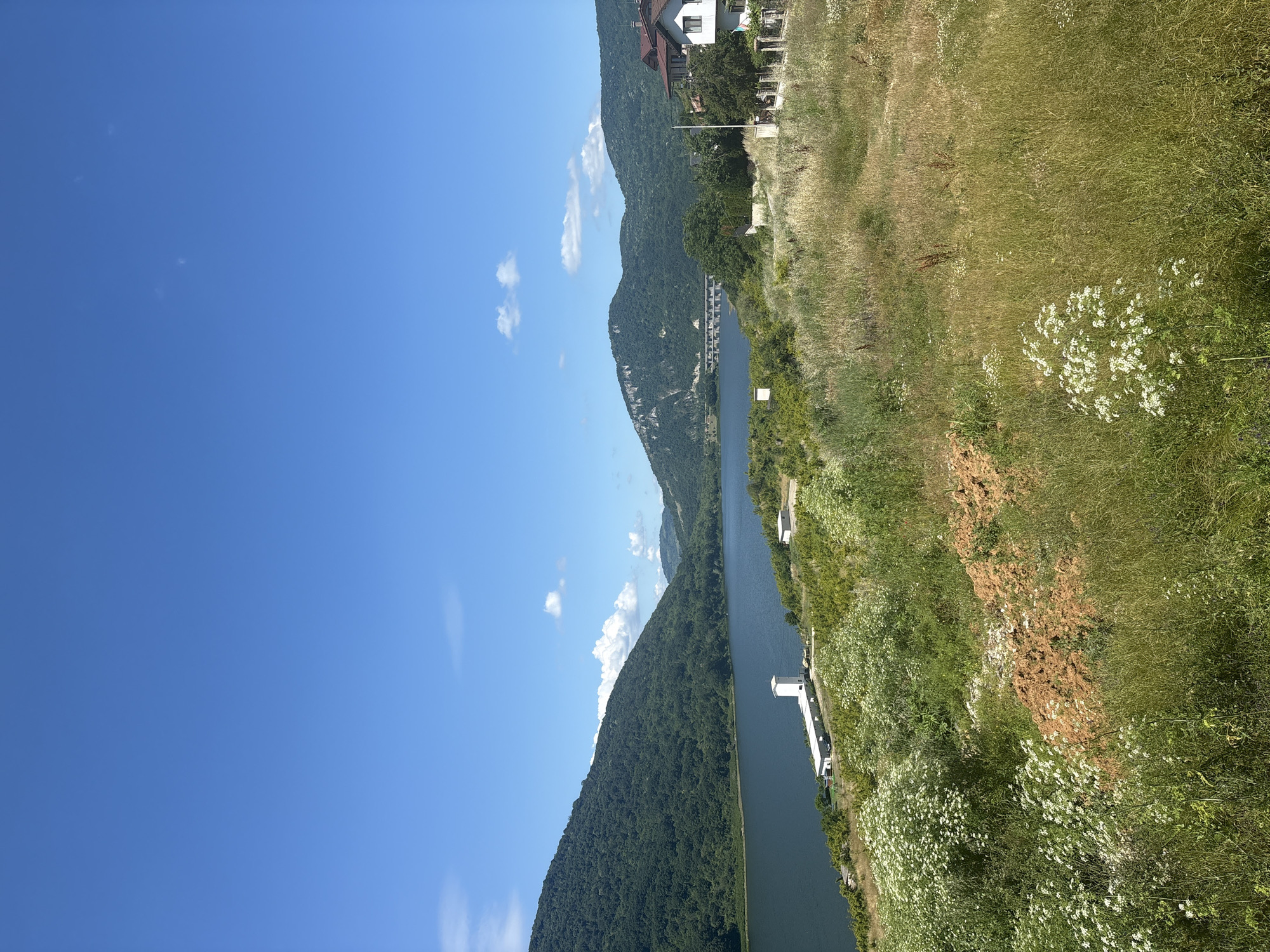 An elevated, wide-angle, eye-level, outdoor, daytime, vertical shot shows a scenic landscape featuring a calm lake surrounded by lush green hills under a bright blue sky with sparse white clouds. In the foreground, a grassy, uncultivated slope is dotted with wildflowers and patches of dry, reddish-brown earth. The middle ground reveals a body of dark blue water, with a white building and a smaller white structure on its near bank. Further across the lake, a long, multi-arched concrete bridge or dam spans the water. The background consists of rolling, densely forested hills that recede into the distance. On the right side of the frame, a residential area with white houses and tiled roofs is visible, nestled amongst trees and bordered by a fence.