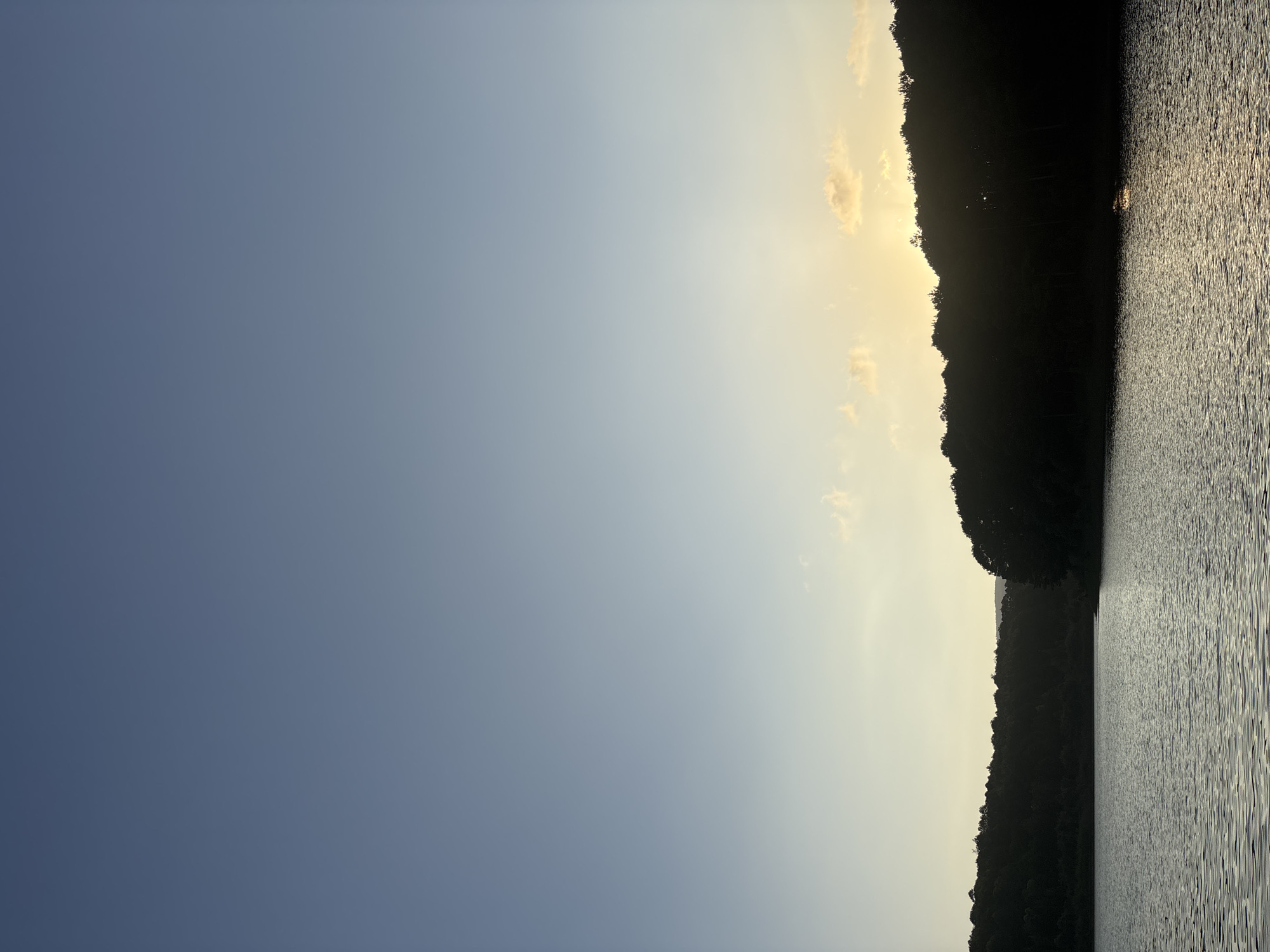 The image depicts a serene natural landscape featuring a calm lake in the foreground and a dense, silhouetted forest on the horizon under a gradient sky that transitions from deep blue at the top to pale yellow near the horizon, suggesting either sunrise or sunset. The water's surface is gently rippled, reflecting the subdued light. The forest forms a dark, undulating line against the lighter sky, with subtle hints of vegetation visible within the silhouette. Small, scattered clouds are present in the sky, tinged with the warm light of the setting or rising sun. The scene conveys a sense of tranquility and natural beauty, with no human presence or man-made structures immediately apparent, evoking a typical picturesque vista of the outskirts of Da Lat, Vietnam, renowned for its lakes and surrounding forested hills.