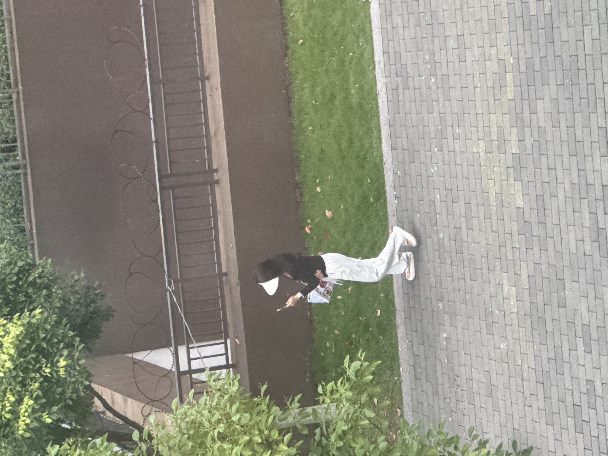 A person walks on a paved walkway in Chongqing High-tech Zone, China, holding a phone and a bag. The person is wearing white pants, a black shirt, a white visor, and white and pink shoes. They are walking next to a grassy area bordered by a brown wall and a fence with barbed wire. Trees with green leaves are visible on the left side of the image. The walkway is made of gray bricks.