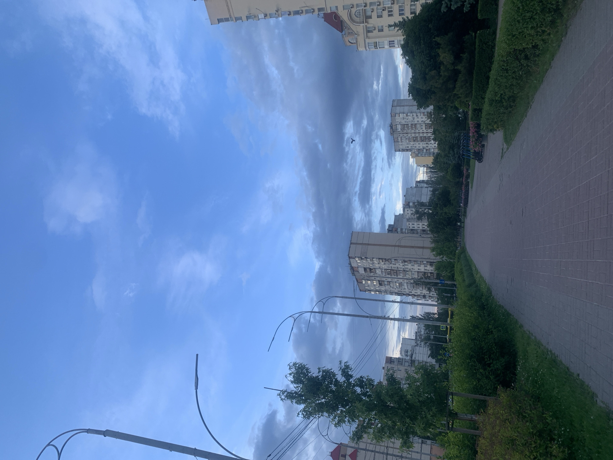 The image shows a view along a paved walkway in Kyiv, Ukraine. The walkway is lined with trimmed hedges on one side, and a row of apartment buildings is visible in the background, with trees interspersed. Above the buildings is a cloudy sky, ranging from light blue to darker gray. Streetlights are present along the walkway. A bird is visible in the sky, and some trees and foliage are in the foreground. The walkway is paved with gray rectangular stones.