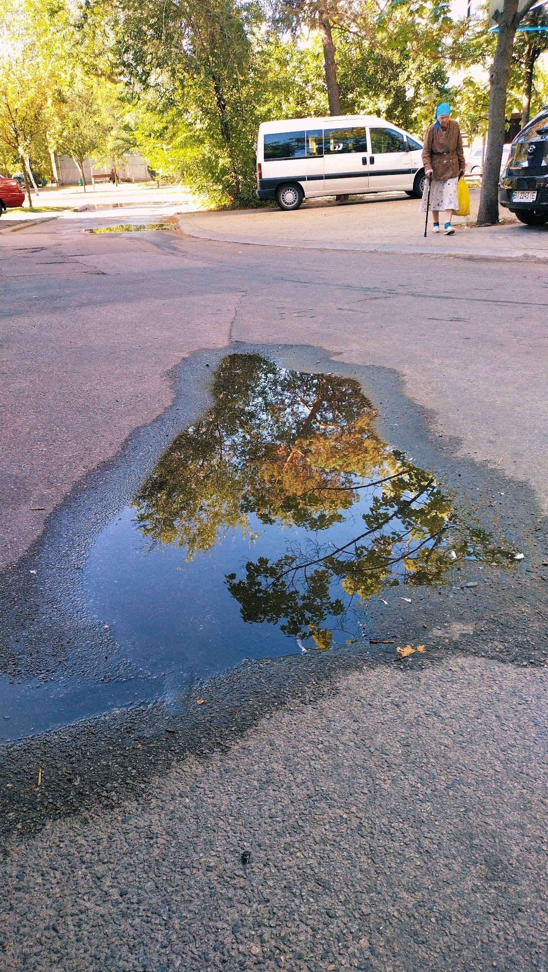 A puddle reflects trees in the foreground of a paved street. In the background, a white van is parked on a sidewalk beside a black car. An elderly woman wearing a blue headscarf, brown jacket, and patterned skirt walks with a cane and carries a yellow bag. The scene is illuminated by sunlight filtering through the trees. The image was taken in Horishni Plavni, Ukraine.