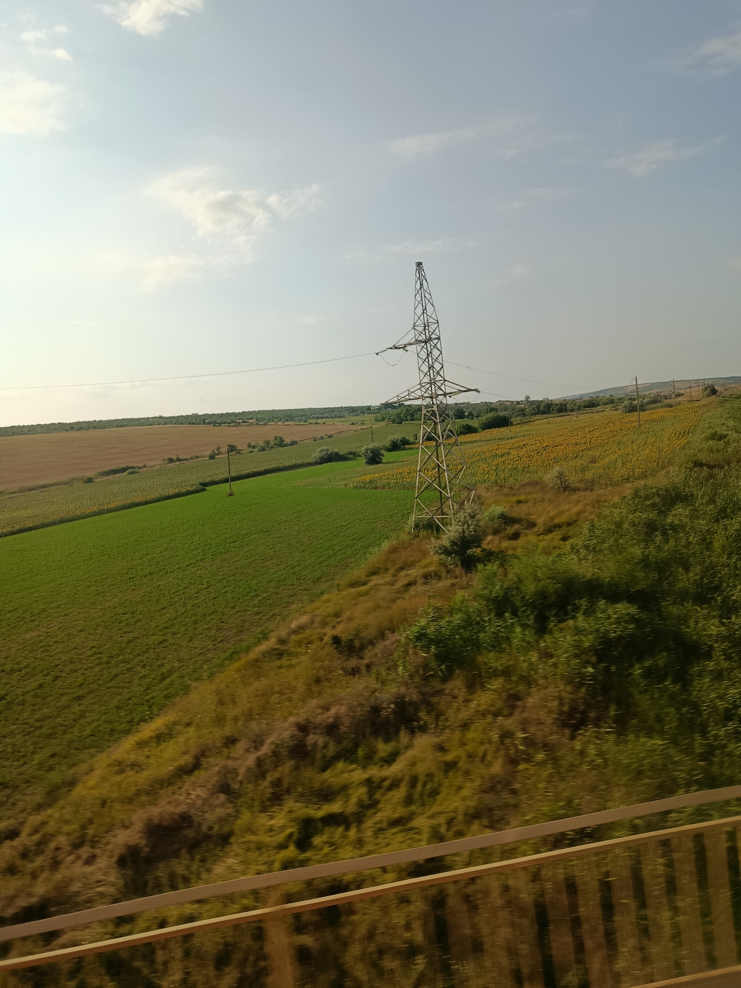 The image depicts a rural landscape under a partly cloudy sky, likely in Tartaul de Salcie, Moldova, given the presence of agricultural fields and power infrastructure. In the foreground, a wooden railing, possibly from a bridge or overlook, frames the view. The terrain is characterized by rolling hills covered in various crops. A prominent power line pylon stands tall on the right side of the image, connected to overhead wires that stretch across the landscape. Fields of green crops, possibly corn or grass, are visible on the left, juxtaposed with a field of brown crops, likely wheat or barley, further in the distance. A field of blooming sunflowers, with their distinctive yellow petals, is also present, adding a splash of color to the scene. The overall environment suggests a working agricultural area.