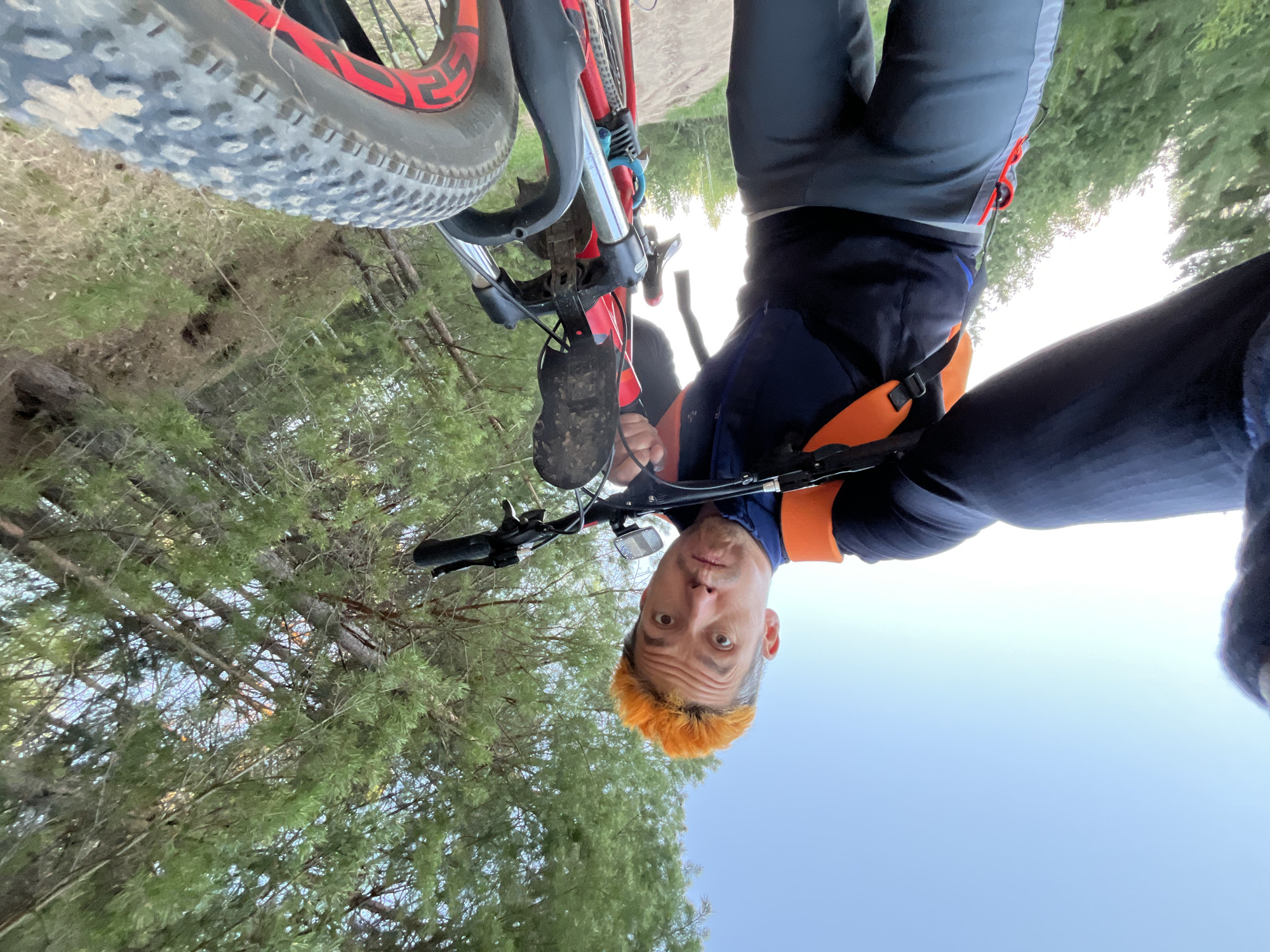 A man with orange hair is upside down in the foreground, holding a red and black bicycle. The tire of the bicycle is in the upper left corner. The man is wearing a navy blue and black shirt with orange accents, along with dark pants. Behind the man and the bicycle, there are trees with green foliage against a light blue sky. The location is Chaikovsky, Russia.