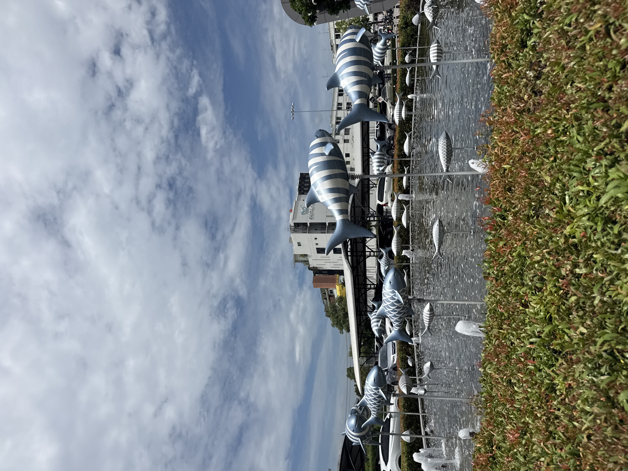 This is a medium shot, exterior, daytime photograph of a decorative fountain with numerous stylized fish sculptures. The fountain is filled with water, and several small jets are visible, creating a rippling effect on the surface. The fish sculptures are predominantly silver and blue, with some featuring striped patterns and others with scale-like designs. They are mounted on poles of varying heights, making them appear as if they are swimming in the water. In the background, there is a lush green hedge in the foreground, and beyond that, a parking lot with several cars. Further in the background, there are multi-story buildings, one of which has a sign that reads "Aetas". The sky is partly cloudy, with a mix of blue sky and white cumulus clouds. The overall impression is that of an outdoor public space, possibly a plaza or a shopping center, in Bangkok, Thailand. The scene is serene and visually striking due to the abundance of the fish sculptures.