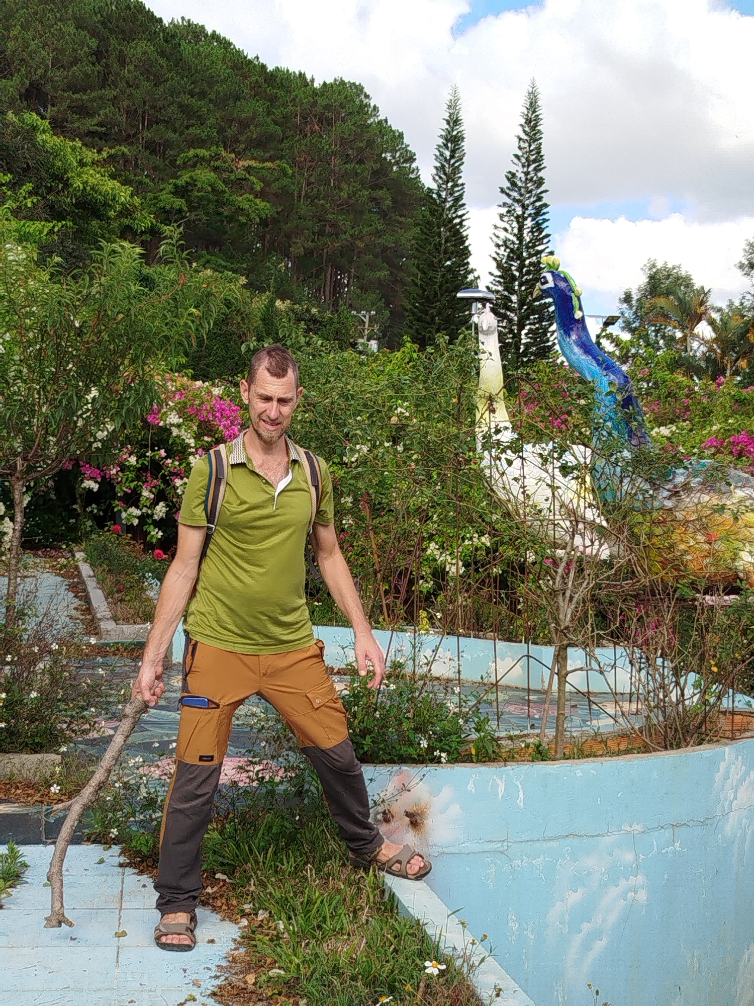 A full shot shows a fair-skinned male hiker with short brown hair posing beside a blue concrete retaining wall near two statues of peacocks amidst lush vegetation in Da Lat, Vietnam. The hiker wears a short-sleeved green shirt, tan hiking pants with gray insets, a light-colored backpack, and brown sandals. In his left hand, he holds a thick tree branch. Behind the hiker, two tall pine trees stand out in the background, above a densely-forested hillside. White and pink bougainvillea bushes are to the left and right. The cloudy sky is visible above the trees. The concrete retaining wall and walkway have depictions of clouds on them.