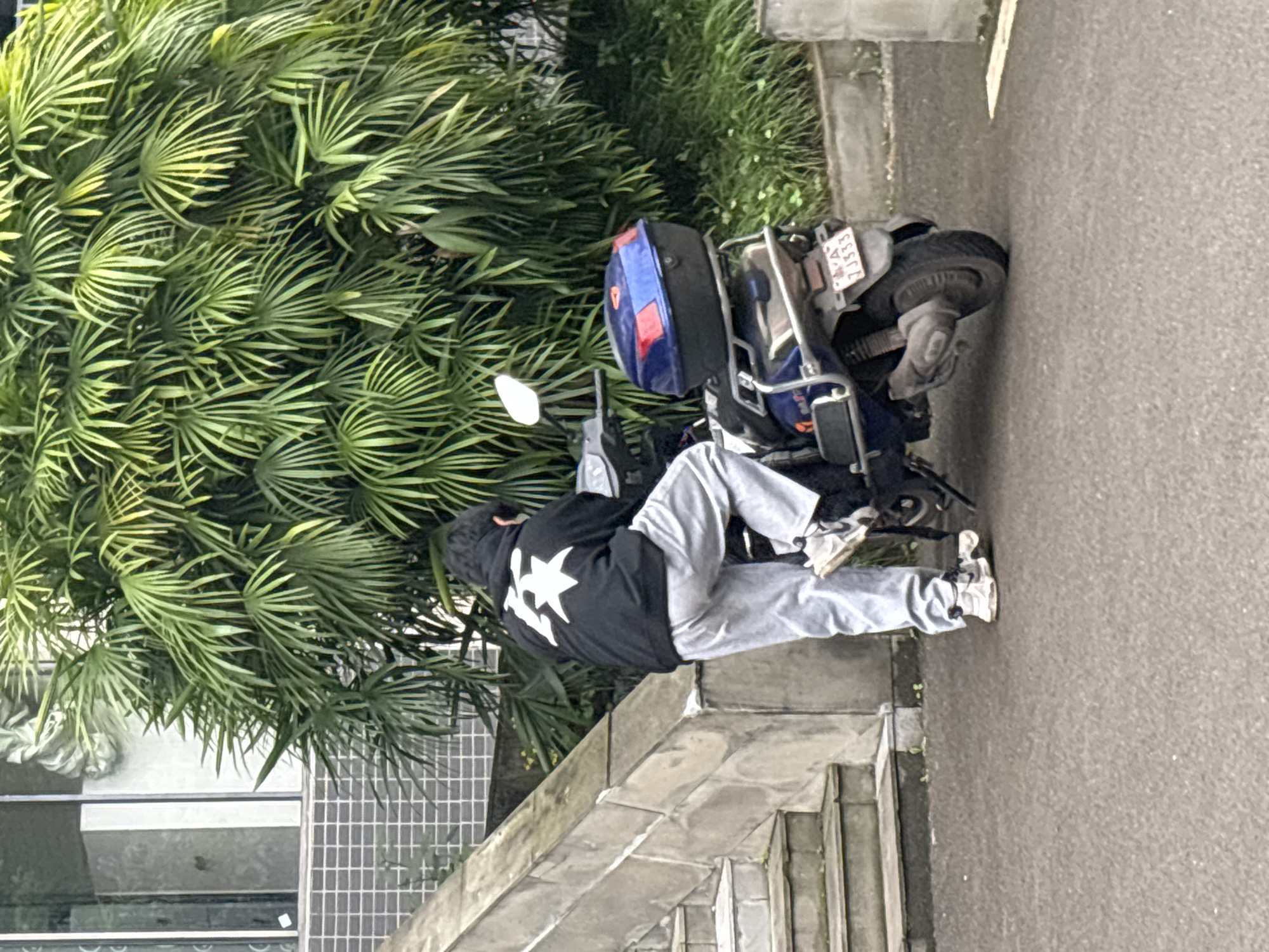 A person wearing a black jacket with a white design on the back and gray sweatpants is bent over near a blue and silver motorcycle parked on the side of a street. The motorcycle has a blue storage compartment on the back and a license plate with the numbers "7J333." The street is adjacent to a sidewalk with stairs leading up to a building or structure. There is lush green foliage, possibly a type of palm or fern, on the side of the building next to the motorcycle. Based on the license plate and other contextual clues, this scene likely takes place in Jiangjin, China.