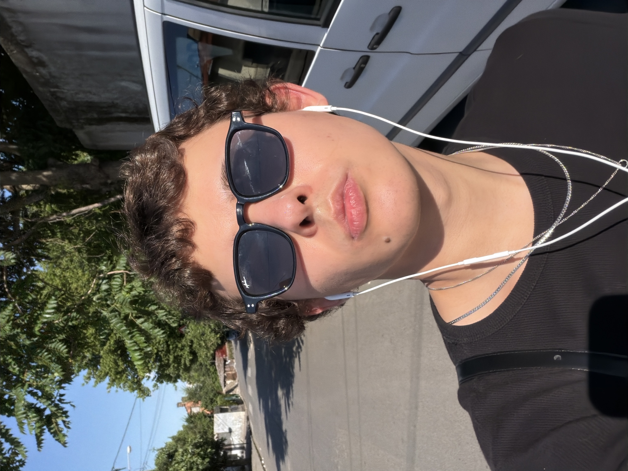 A close-up selfie features a young individual with a light to medium skin tone, dark curly hair, and dark sunglasses. The sunglasses have a black frame, and a faint white logo, possibly "Maldivas," is visible on the upper left lens. The individual wears white wired earphones, a black ribbed long-sleeved shirt or sweater, and multiple silver-colored chain necklaces. A black strap, likely from a bag, is visible over the left shoulder. The person's lips are slightly pursed, and a mole is present below the right corner of the mouth.
The setting is outdoors on a bright, sunny day with a clear blue sky. Strong shadows are cast on the asphalt road, which appears to be on an incline or curve in the background. Green trees and foliage are abundant, lining the street on both sides. In the distance, several low-rise buildings with light-colored facades and some red roofs are visible. A utility pole with wires stands on the left. On the right, a white van with two black door handles is partially visible behind the individual, next to a plain concrete wall. The scene is located in Palilula Urban Municipality, Serbia.