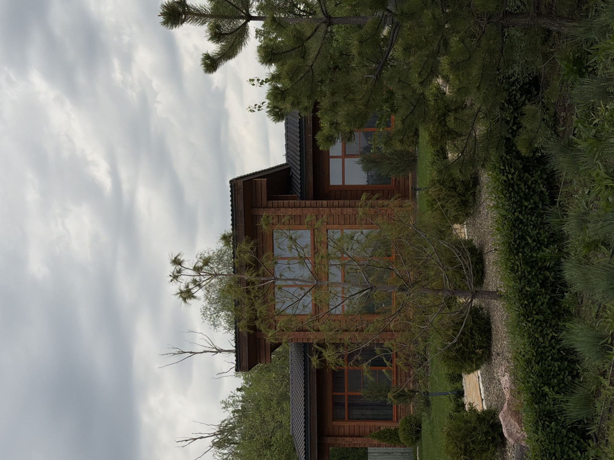 The image shows a two-story wooden building with large windows and a dark roof, surrounded by trees and greenery. The sky is overcast. The location is Kamyshin, Russia. No people are visible.