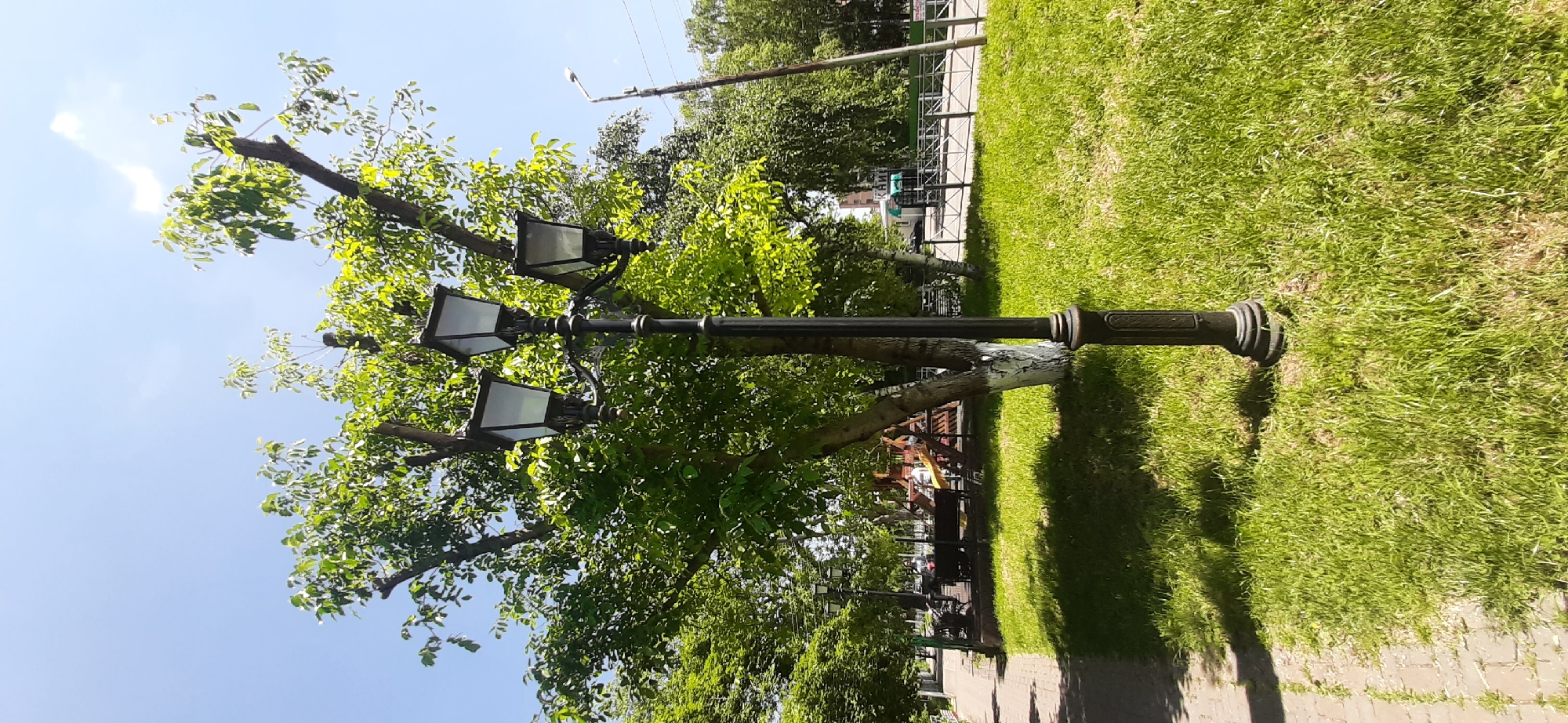 A black ornate lamp post with three lamps stands in the foreground on a patch of green grass. The lamp post is made of metal and has intricate decorative elements at its base and top. Behind the lamp post, a large tree with many green leaves is visible. The tree has been pruned, with some branches cut short. To the left of the lamp post and tree, a brick pathway runs alongside a grassy area. Further in the background, a playground with a wooden structure is partially visible. To the right of the tree, a modern street lamp stands by a road with a metal fence bordering it. The sky is clear and blue, suggesting a sunny day. The location is identified as Yessentukskaya, Russia.