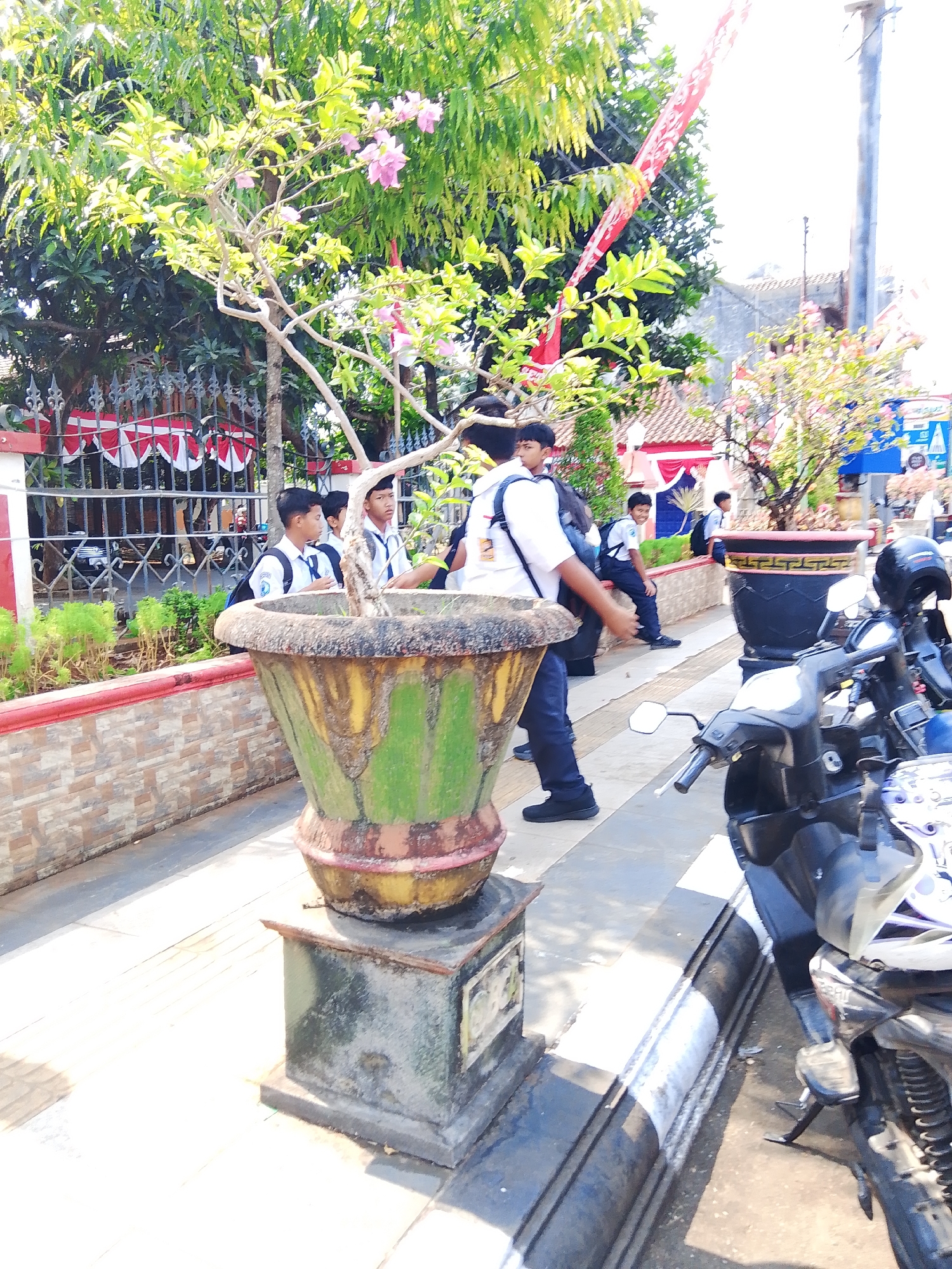 This image captures a bright, sunlit scene outdoors, likely in an urban or semi-urban setting in Jepara, Indonesia. In the foreground, a large, weathered terracotta planter with green and brown discoloration sits on a concrete pedestal. Behind it, several young males in school uniforms are visible. They are wearing white shirts with blue accents and dark pants, and some have backpacks. One individual in the foreground, facing away from the camera, appears to be a student in uniform.
The background reveals a decorative fence adorned with red and white Indonesian flags. Beyond the fence, there are trees with green foliage and pink flowers, and buildings with red tiled roofs. The presence of flags suggests a patriotic or festive occasion. A motorcycle is parked to the right of the frame, its black and white colors and reflective surfaces catching the sunlight. The ground is paved with light-colored tiles, and shadows indicate the presence of overhead sunlight. The overall atmosphere is casual and suggests a school setting or a public space frequented by students.