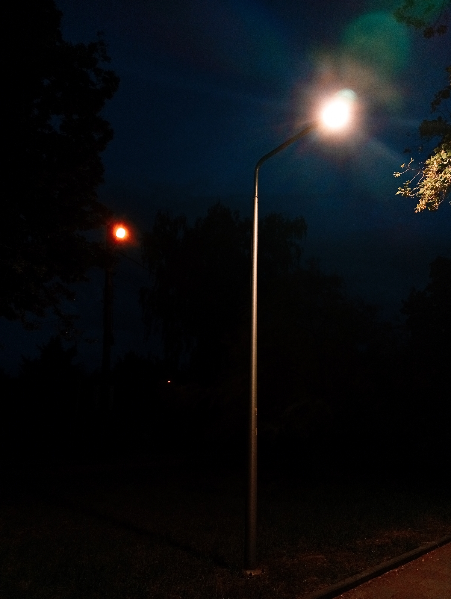 This is a nighttime photograph of an outdoor scene. Two streetlights are visible. The primary streetlight in the foreground is tall and metallic, with a bright, white light emanating from its fixture. This light casts a strong glare and creates a lens flare in the upper right quadrant of the image, with streaks of green and blue light. To the left and further back, a second streetlight is visible, emitting a distinct orange-red light.
The background is dominated by dark silhouettes of trees and foliage. The sky is a deep, dark blue, indicating nighttime. There are no people visible in the image. The overall impression is one of a quiet, possibly park-like or suburban area at night, illuminated by artificial light. The bright light from the main streetlight suggests it is actively illuminating its surroundings, while the orange light of the distant lamp creates a contrasting element in the scene. There is no visible text in the image.