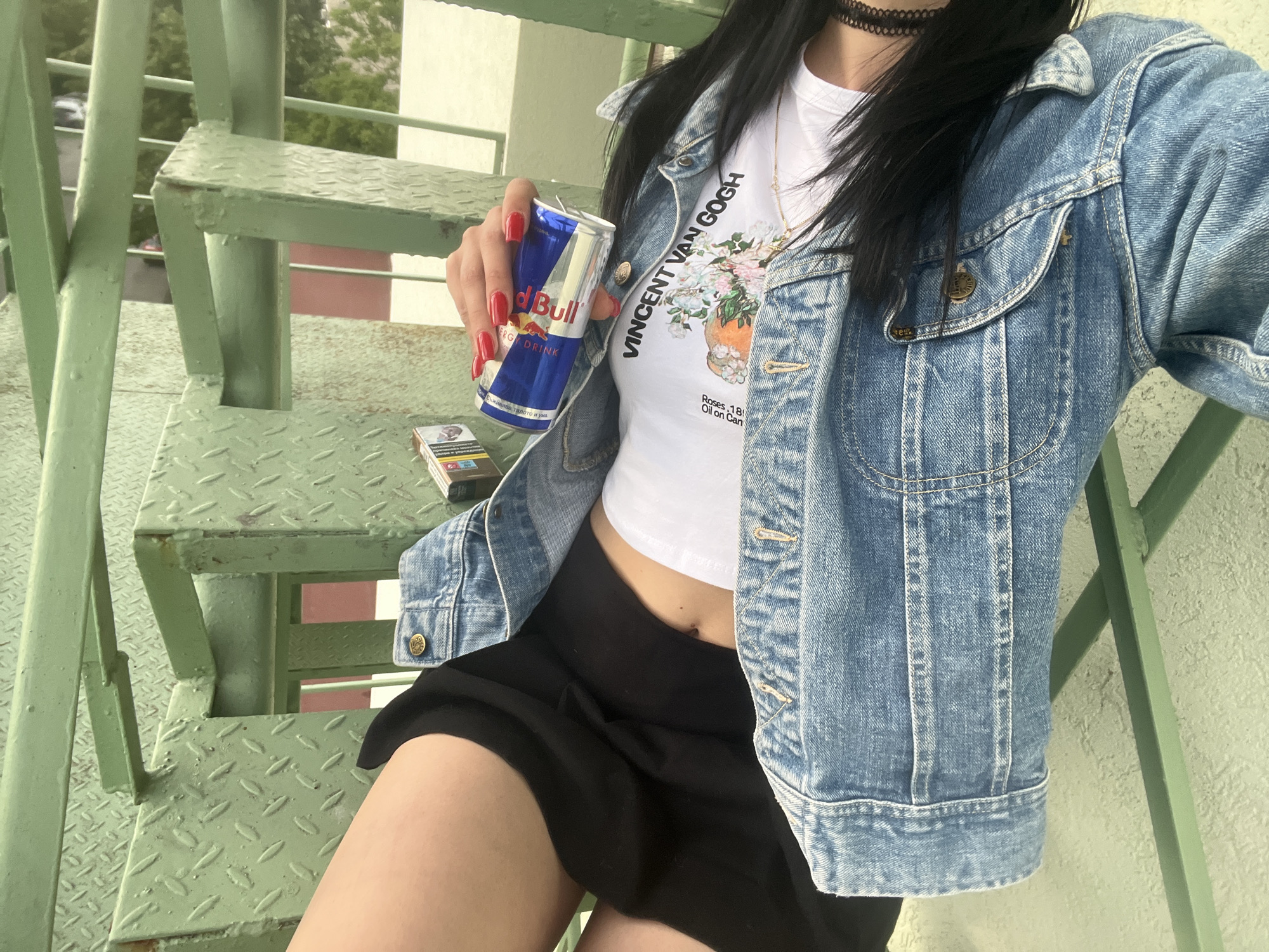 A person is depicted from the chest down, sitting casually on green, diamond-plated metal stairs in an outdoor setting during daytime. The individual has long dark hair and wears a black choker. Their attire includes a white crop top featuring text that reads "VINCENT VAN GOGH," "Roses. 18," and "Oil on Can," indicating a print of Van Gogh's "Roses" painting. Over the crop top, they wear a light blue denim jacket with gold-colored buttons, one of which shows a 'Lee' brand logo. A black skirt completes the outfit.
The person holds an open can of Red Bull in their left hand, which has bright red nail polish. Nearby on the stairs, a pack of cigarettes, identifiable as Parliament with visible Bulgarian text including "Предупреждение" (Warning) and other illegible text, is placed. The Red Bull can also displays "ENERGY DRINK" and "Съживява тялото и ума" (Revitalizes body and mind) in Bulgarian. The background is out of focus, showing glimpses of green foliage and light-colored building structures. The scene suggests a relaxed, casual moment in an urban or semi-urban environment.