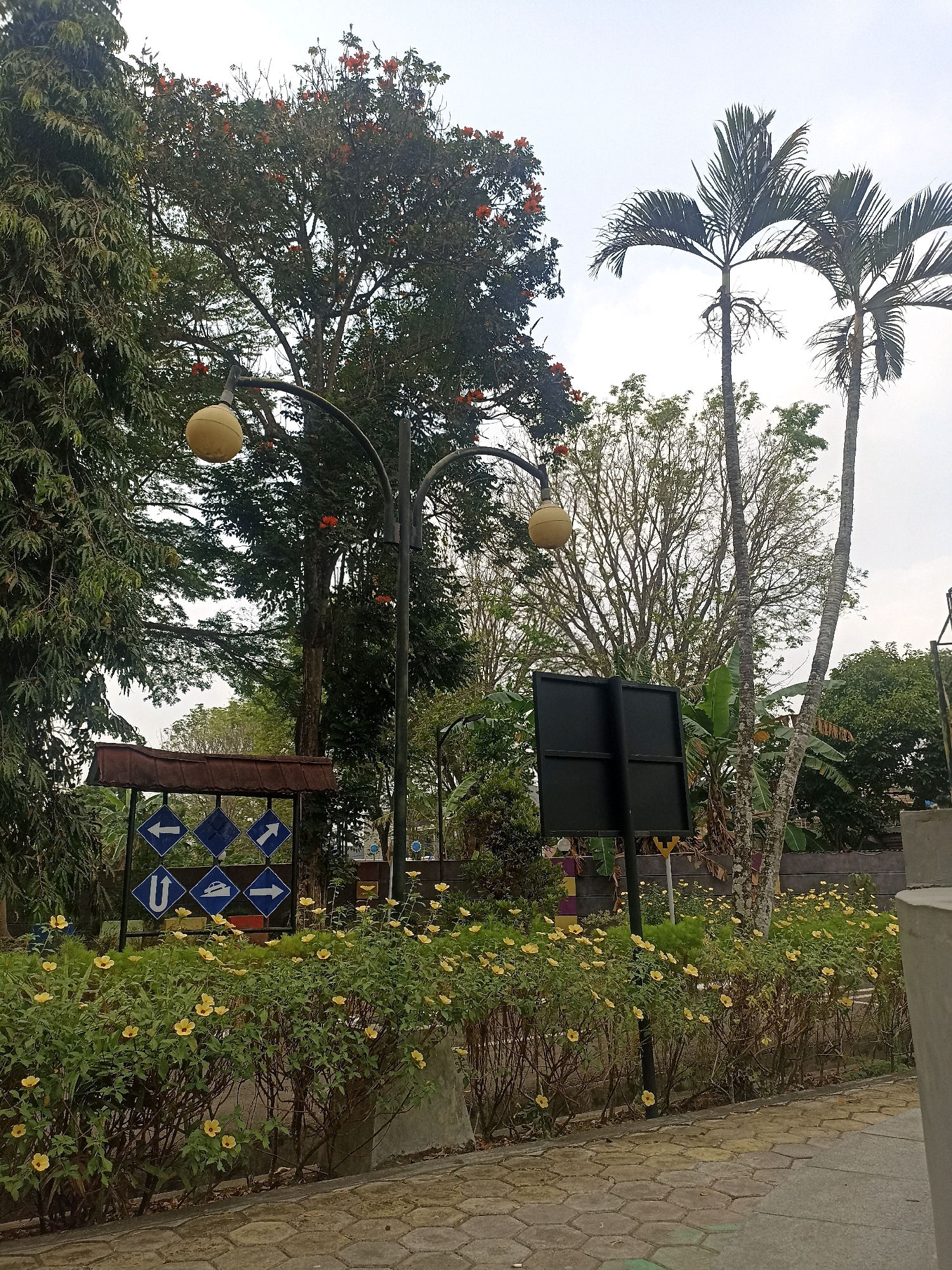 The image captures a street scene in Kebumen, Indonesia, characterized by lush greenery and various directional signs. In the foreground, a low-lying hedge is covered with small yellow flowers, bordering a paved walkway made of hexagonal concrete tiles. A dark gray concrete structure is visible on the far right. Behind the flowers, a brown-roofed signpost displays a grid of blue diamond-shaped signs with white arrows and symbols indicating traffic directions: left turn, right turn, U-turn, and a lane for cars. Two streetlights with round, yellow lamps are mounted on a black pole to the left of the signpost, with one lamp partially obscured by trees. Tall trees, including palm trees, dominate the background, with dense foliage and some bearing small orange flowers. A large, rectangular black board stands behind the flower hedge and to the right of the streetlights. The sky is overcast.