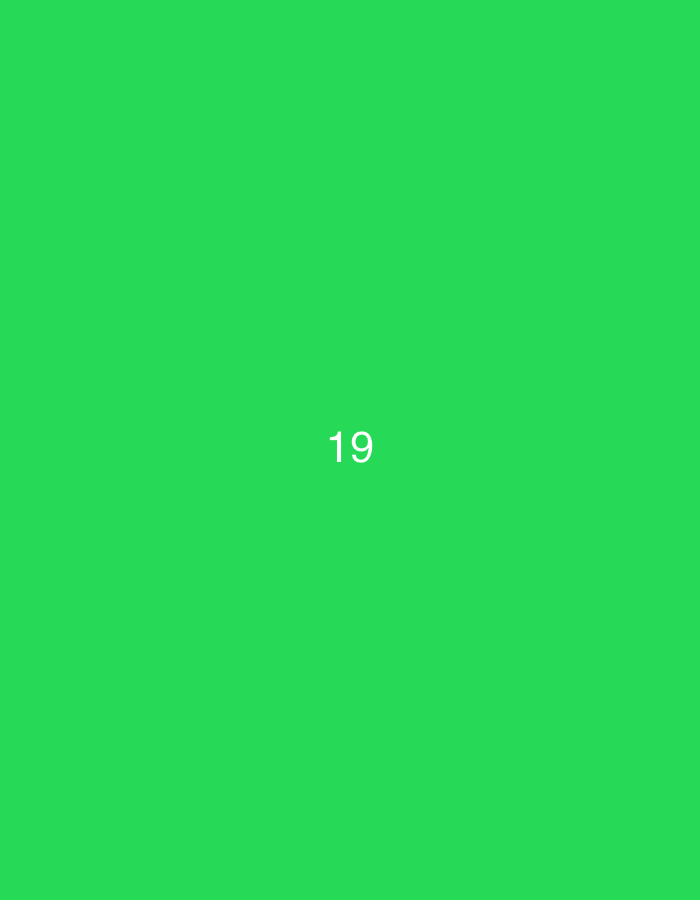 The media file is a plain green background with the number "19" displayed in white text in the center. There are no people, objects, or scene elements present. The activity or event is simply the display of the number. There are no notable details regarding time of day, weather, location cues, or emotions, as the image is abstract and lacks context. The only visible text is the number "19". The provided location context of "Đà Nẵng, Vietnam" is not discernible from the image itself.