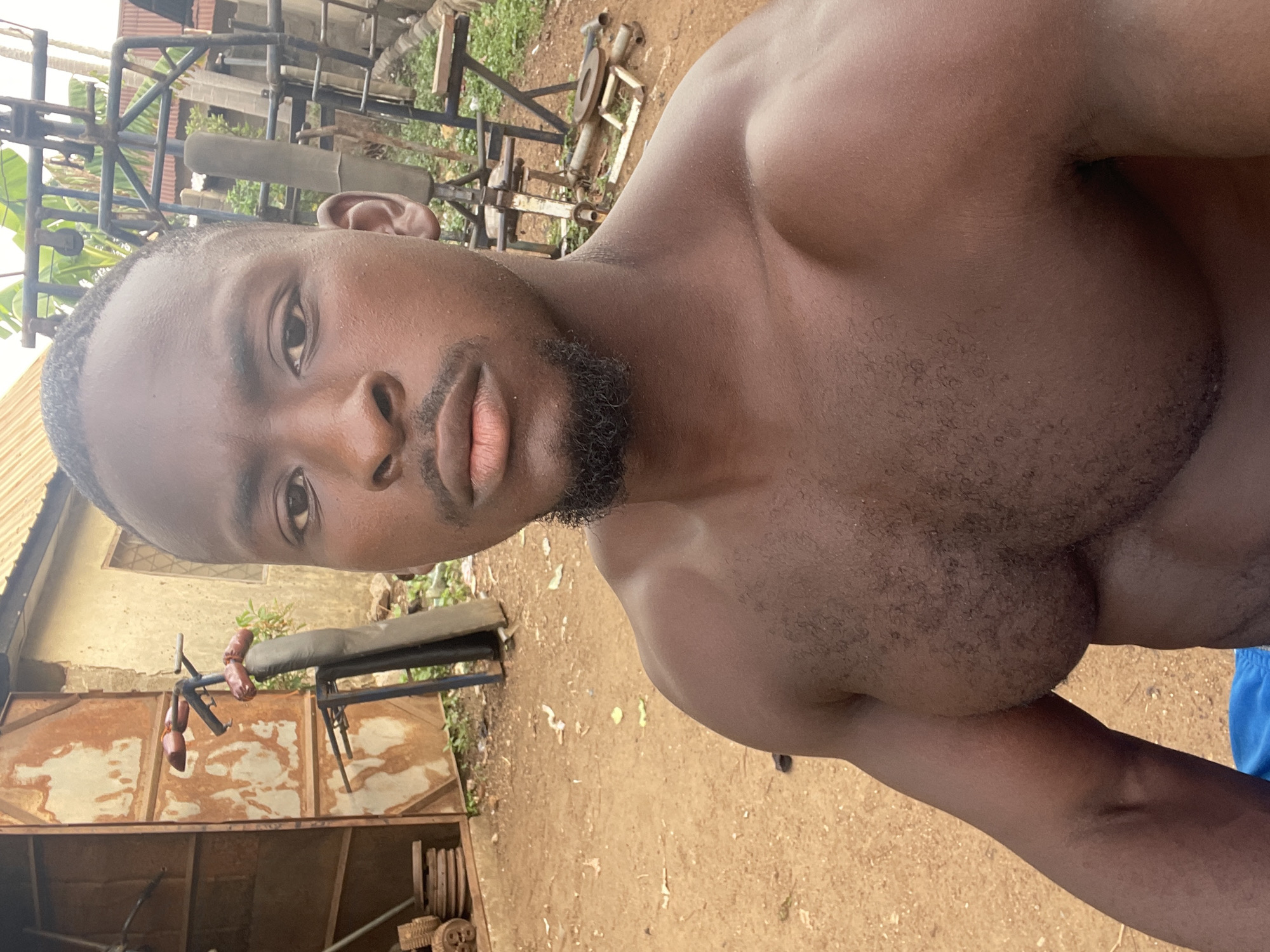 An eye-level, outdoor portrait of a muscular, dark-skinned man, possibly of African descent. The man is shirtless, with a short beard, and is facing the camera. The background shows an outdoor gym area, with various pieces of metal workout equipment and free weights. The ground is dirt, typical of a less developed or rural location. A dilapidated metal building with a corrugated roof is visible. A banana tree is also visible. Due to limited visual information, the specific location within Akwanga, Nigeria is undeterminable. No specific actions or interactions are observable. Only the man's chest and upper shoulders are in focus.