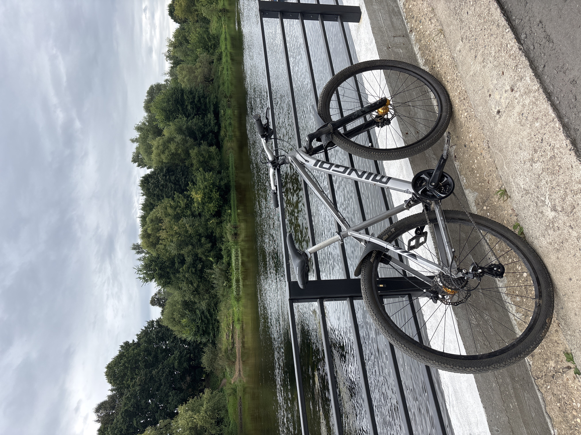 An outdoor, eye-level, medium shot shows a silver mountain bicycle with black tires and handlebars parked next to a black metal railing. The bicycle is positioned facing left, with its front wheel on the right side of the frame and its rear wheel on the left. The bike's frame has the brand name "MINGDI" written on it in white letters. The handlebars are black with silver grips and brake levers. The seat is black. The front fork is black with gold accents around the axle. The rear derailleur and cassette are visible, as is the bicycle chain. The bike is leaning against the railing.
Behind the railing is a body of water, likely a river, with dark, rippling water. The river is bordered by a densely wooded area with lush green trees. The trees extend to the horizon. The sky above is overcast with gray clouds.
The scene appears to be located in a park or recreational area along a river in Zvenigorod, Russia, given the natural environment with a river and dense forest. The concrete embankment where the bike is parked suggests a developed pathway or promenade. There are no people or animals visible in the image. The overall mood is serene and natural.