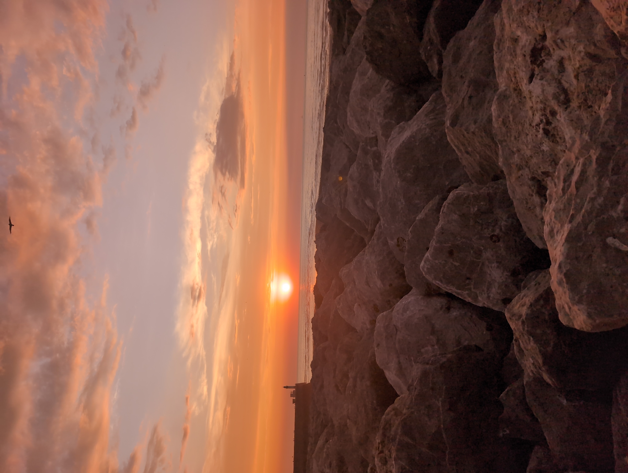 The image depicts a sunset over the sea at Le Tréport, France. In the foreground, a rocky shore stretches towards the ocean. The rocks are large and appear weathered, with varying shades of grey and brown. In the middle ground, a lighthouse stands on a pier or seawall, with a few indistinct figures visible near its base. The sea is calm, reflecting the warm hues of the sunset. The sky is filled with soft, pastel-colored clouds in shades of orange, pink, and purple. A single bird is silhouetted against the sky in the upper portion of the frame. The overall atmosphere is serene and picturesque.