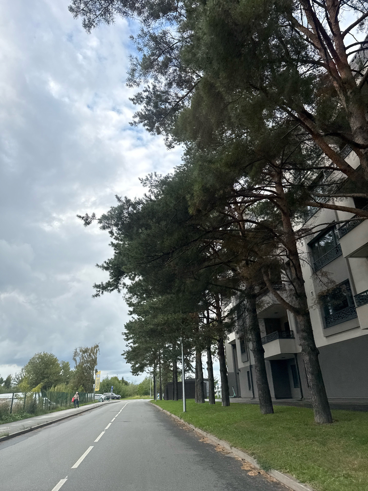 The image depicts a street scene in Tallinn, Estonia, on a cloudy day. A paved road with white dashed lane markings runs diagonally through the frame, curving to the right. To the left of the road is a sidewalk with a person walking away from the camera, carrying a red bag. Beyond the sidewalk, there are trees and a fence. To the right of the road, a modern apartment building with light-colored walls and dark balconies is visible, partially obscured by a row of tall pine trees with dark green foliage. The ground next to the apartment building is covered in green grass. The sky is overcast with gray and white clouds. In the distance, there are more trees and some parked vehicles.