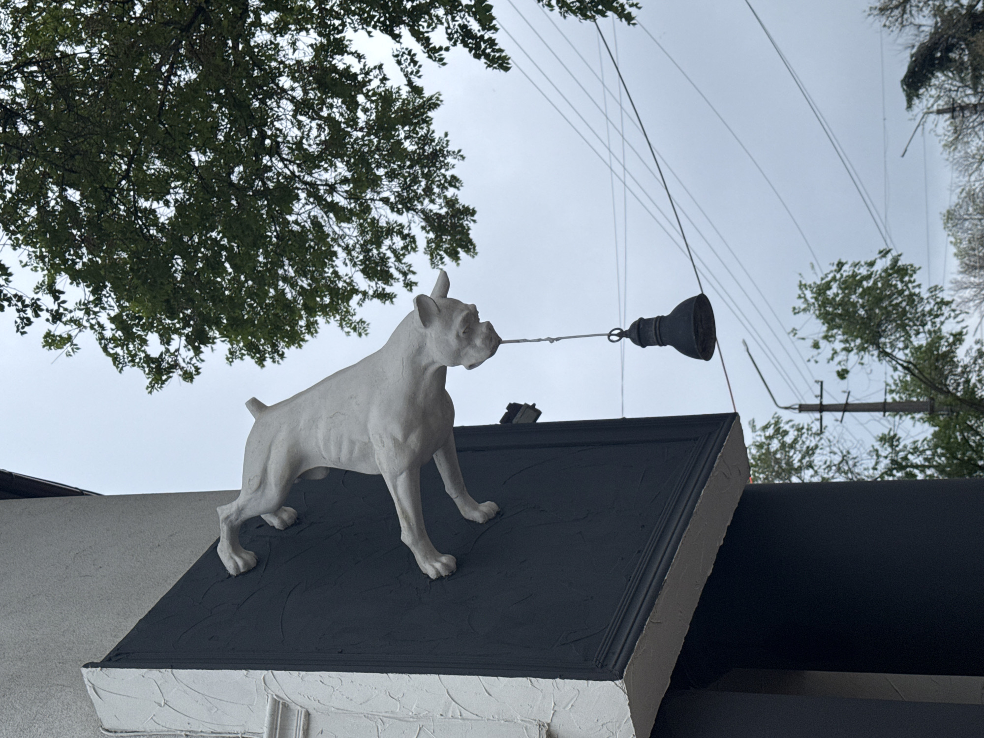A white dog statue stands on a small, black, gabled roof extension on a white, textured building. The dog has a rigid posture and holds a black, lamp-like object in its mouth via a metal wire. The background features a cloudy sky, trees with green foliage, and overhead electrical wires. The location is likely a building facade in Yevpatoriya, Ukraine, although there are no contextual details to explicitly confirm this.
