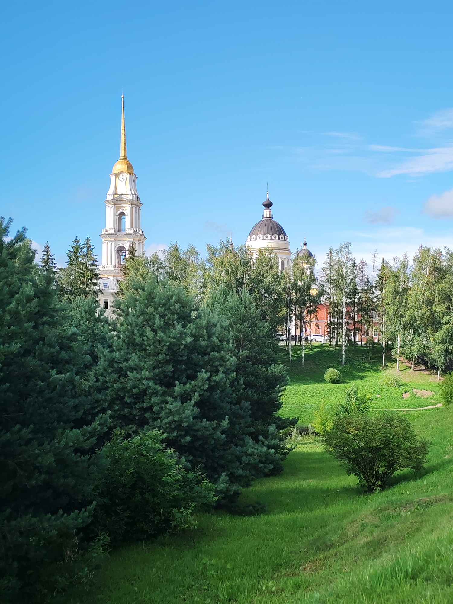 In Bol'shie Mkhi, Russia, a bright, sunny day features a scene dominated by lush green trees in the foreground, with a grand, white-and-gold domed building complex visible in the background. A tall, slender spire topped with gold rises above the building, piercing a clear blue sky with a few wispy white clouds. The building itself appears to be a church or monastery, with a large dark dome and several windows. The foreground is filled with dense evergreen trees, creating a naturalistic frame for the architectural elements. Beyond the trees, a sloping green lawn leads towards the buildings, dotted with smaller bushes. The overall impression is one of serene natural beauty combined with historical architecture under a vibrant sky.