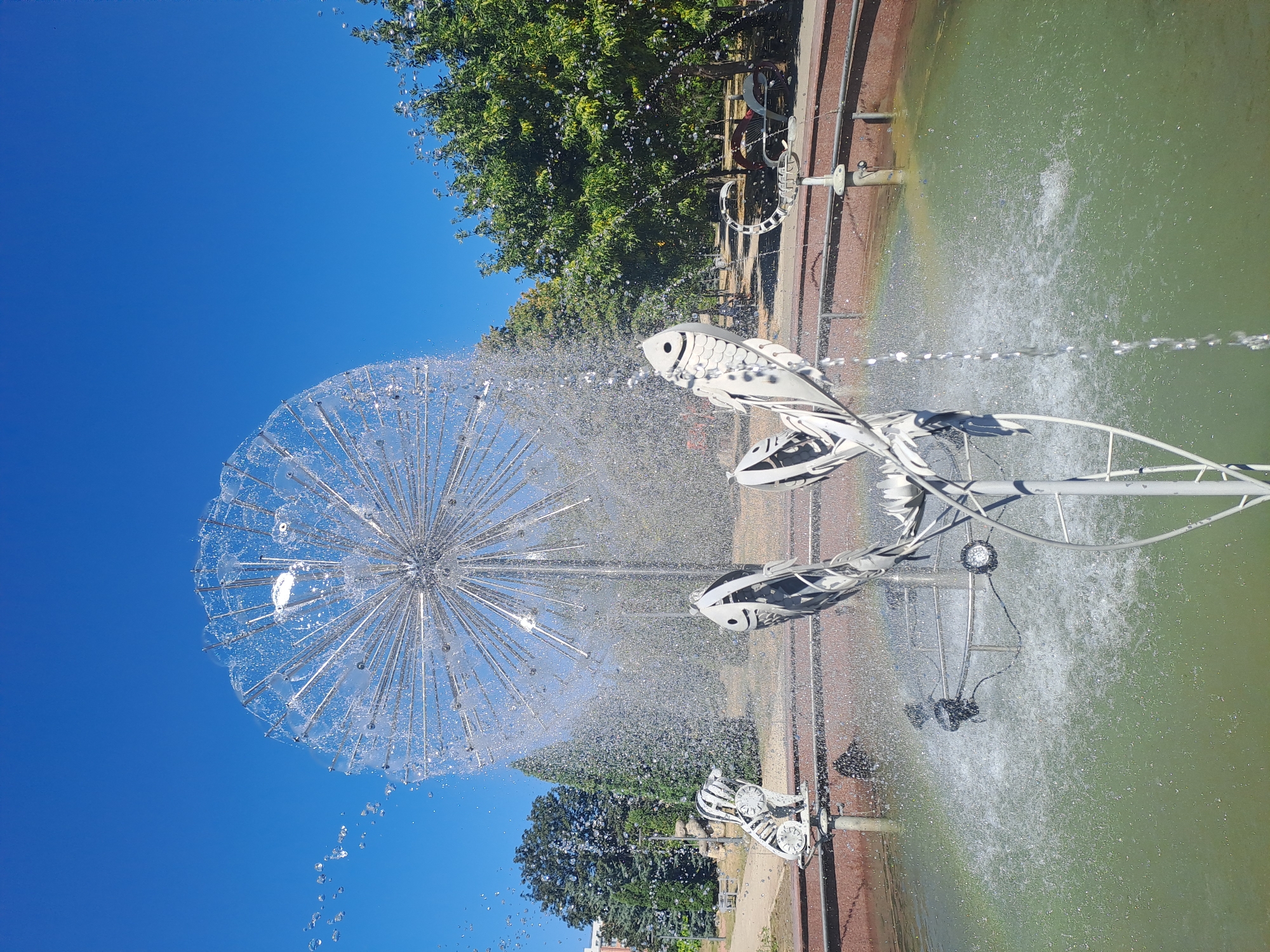 The image captures a dynamic outdoor fountain scene in Chișinău, Moldova, on a clear, sunny day with a vibrant blue sky. The central focus is a large, spherical metal sculpture resembling a dandelion, from which water streams outward, creating a shimmering curtain. In the foreground, the fountain features several white, stylized metal sculptures of fish, their bodies intricately designed. To the left, a white metal sculpture of a seated dog, with a patterned texture, is visible. The fountain's pool has greenish water, and the surrounding area is paved with reddish-brown tiles. Beyond the fountain, lush green trees and evergreen trees form a backdrop. In the distance, there's a hint of buildings and park benches, suggesting a public park or square setting. The image is characterized by the play of light on water and metal, highlighting the artistic elements of the fountain.