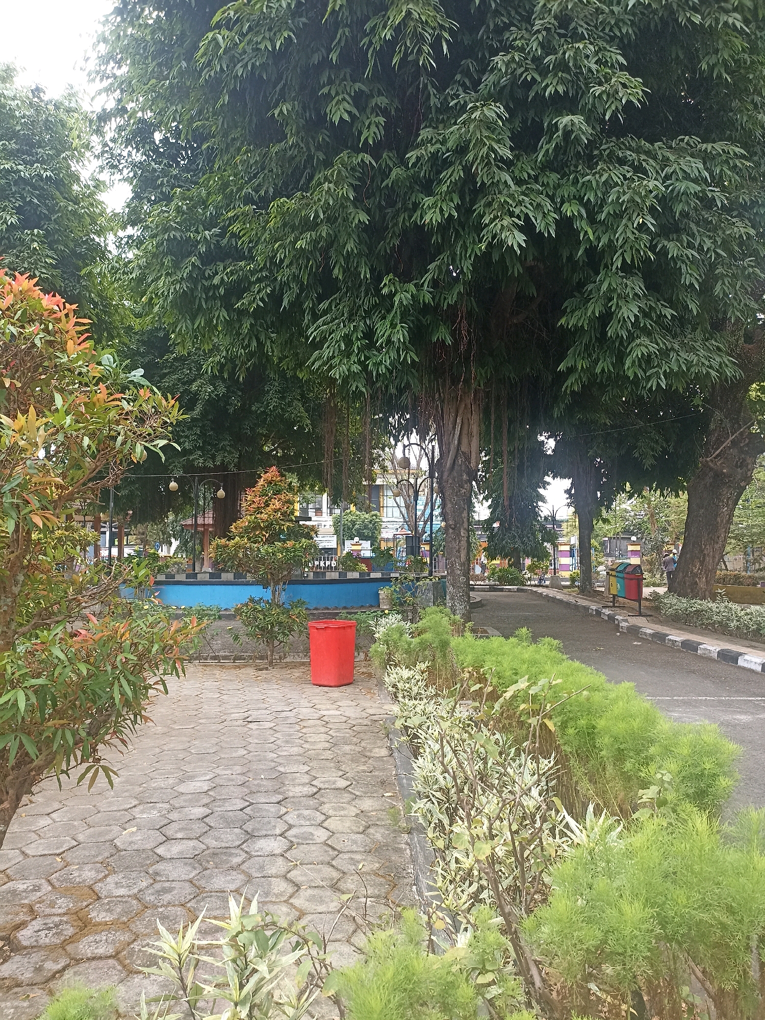 This is a ground-level, eye-level, outdoor shot taken in a park or garden area in Kebumen, Indonesia. The foreground features a hexagonal paver pathway on the left and a dense border of green and variegated foliage on the right. A large, bright red trash bin stands near the pathway. The midground is characterized by lush green trees with cascading roots, a blue-painted raised planter bed, and a small, ornamental tree with reddish-orange foliage. In the background, a paved road with a black and white striped border is visible, along with a building and more trees. The sky is overcast. There are no people or animals visible in the frame.