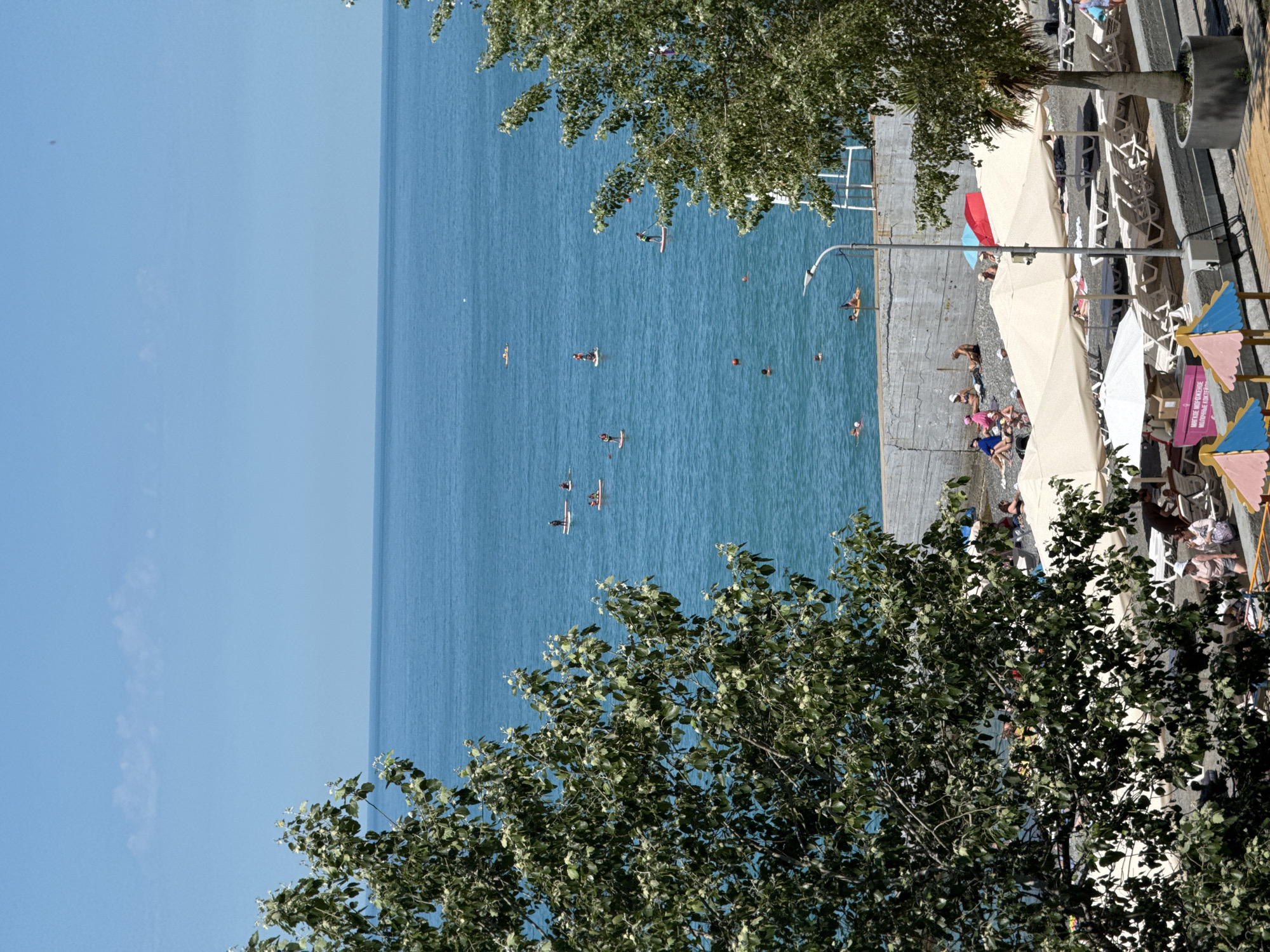The image depicts a sunny day at a beach in Sochi, Russia, with the Black Sea stretching out to the horizon under a clear blue sky. In the foreground, lush green trees partially obscure the view of the beach and the sea.
On the beach, a mix of people are sunbathing on lounge chairs, sitting on the pebbled shore, and strolling along the water's edge. Several beach umbrellas, some cream-colored and one red, offer shade. A small kiosk with text in Russian is visible near the bottom left.
The sea is dotted with various individuals enjoying water activities. Several people are paddleboarding, with one person standing prominently on a board in the middle ground. Others are swimming or floating in the water. A concrete embankment separates the beach from the water in some areas. A lamppost is positioned near the embankment. The overall scene conveys a sense of leisure and summer recreation.