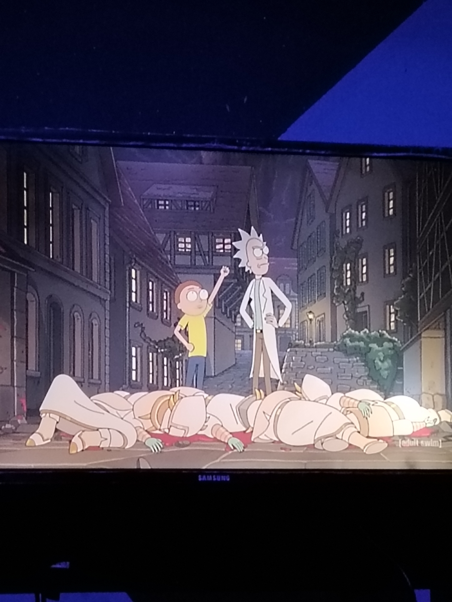 The image depicts a scene from the animated series Rick and Morty. In the foreground, several figures in beige and gold attire are lying on the ground, some appearing to be dead, with bloodstains visible. Rick Sanchez, in his signature lab coat, stands to the right, arms crossed, looking towards the left. Morty Smith, in a yellow shirt and blue pants, stands to the left, raising his arm in a triumphant gesture. They are in what appears to be a cobblestone street lined with old European-style buildings. The sky above is a dark, starry night. The scene is set in a city, but no specific location in Du, Nigeria is identifiable from the image.