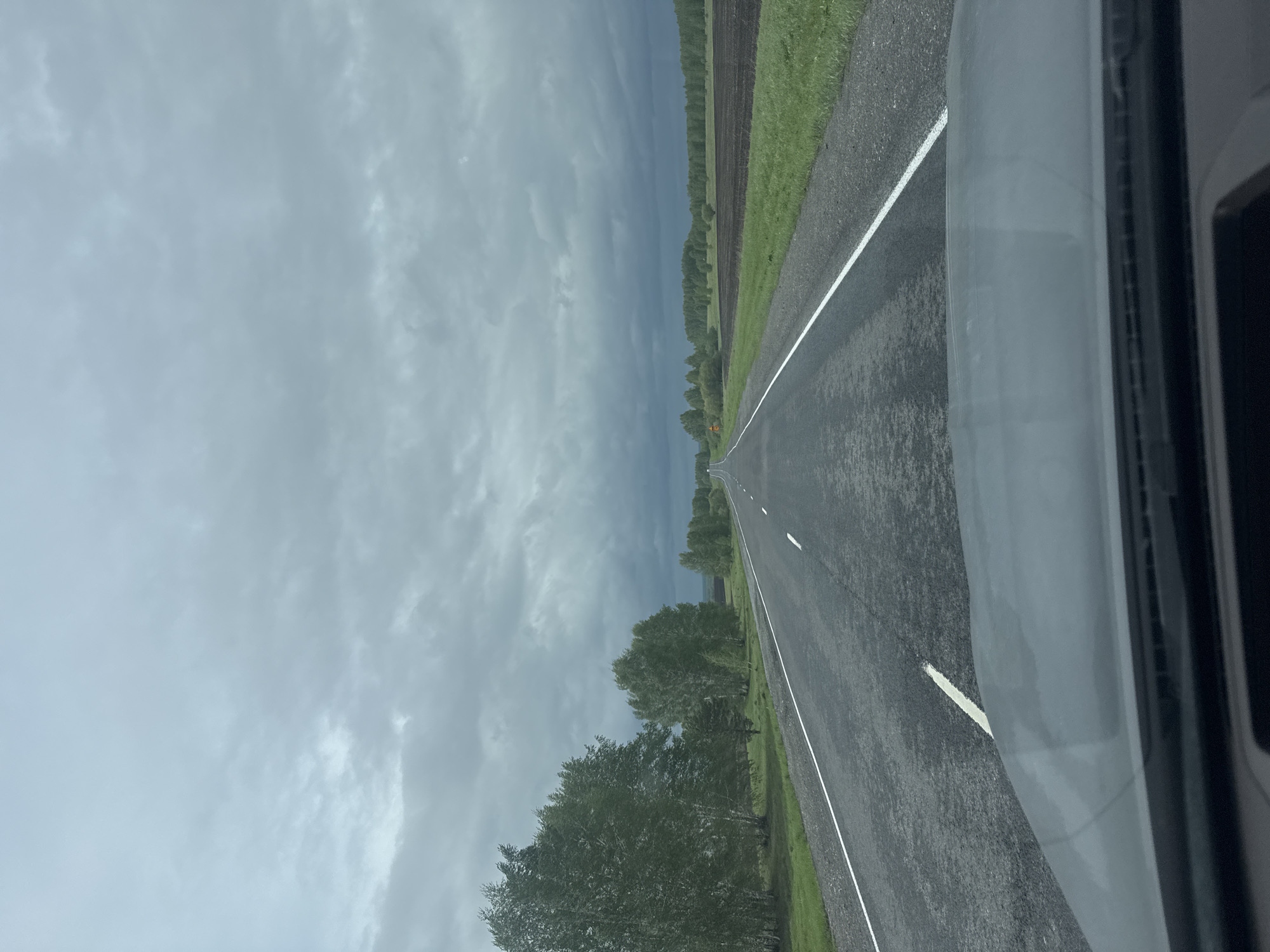 A straight road stretches into the distance under a cloudy sky, flanked by trees and a field. The scene is likely a rural area, based on the absence of visible urban elements. The road has a white dividing line. The photo was taken from inside a vehicle, as part of a car's interior frame is visible on the right side of the image. There is no direct evidence to confirm its location in the city of Глубокое, Russia.