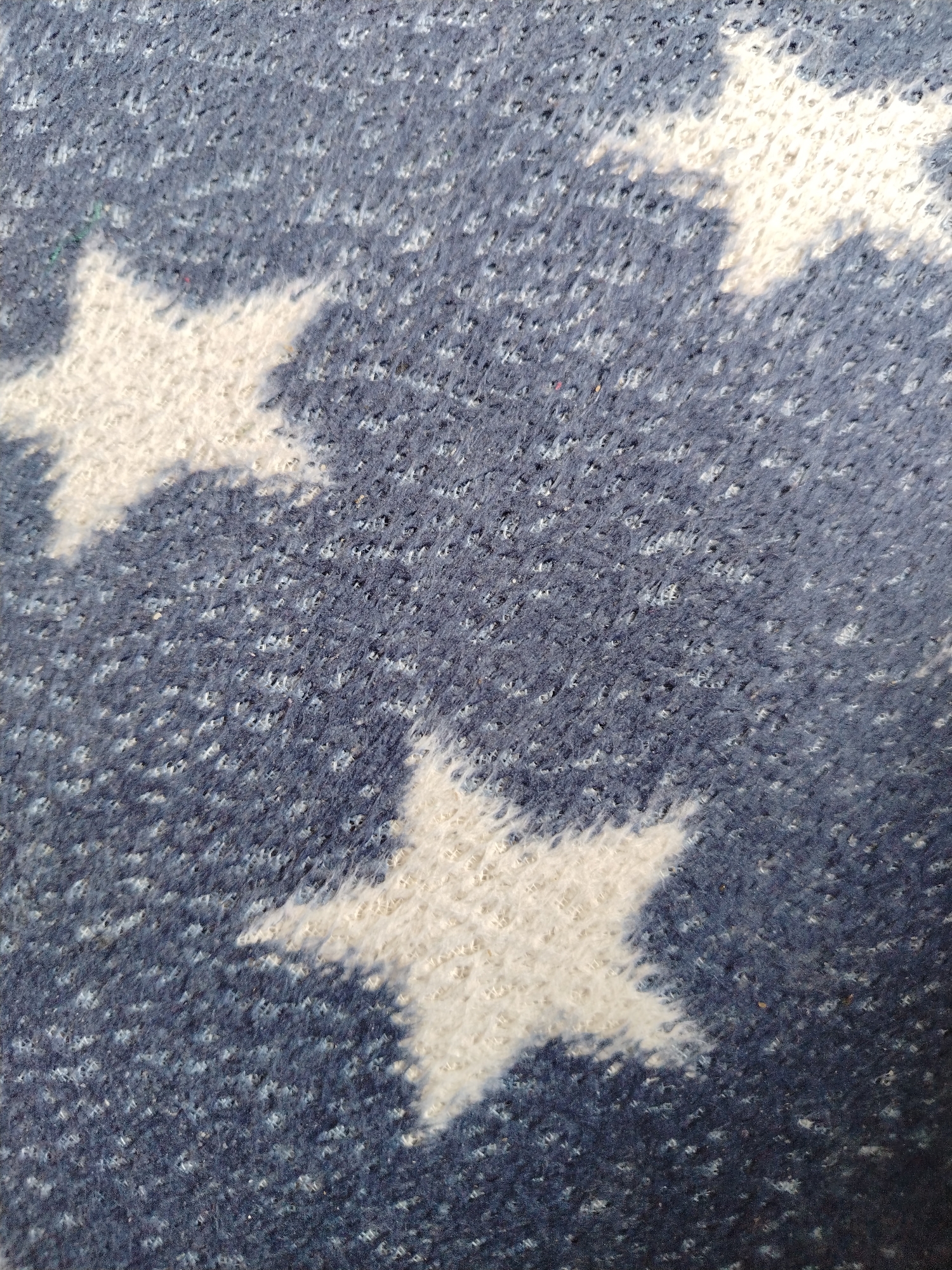 The image shows a close-up, angled view of a textured fabric with a pattern of white stars against a dark blue background. The fabric appears to be a rug or carpet. The texture of the fabric is visible, with individual fibers contributing to the overall rough appearance. The stars are unevenly distributed and vary in size and completeness, with some appearing partially cut off by the edges of the frame. Light sources create shadows and highlights on the fabric, particularly on the edges of the stars, adding depth and dimension. There are no people or specific environmental details of Neftekumsk, Russia, visible in this close-up shot of the textile.