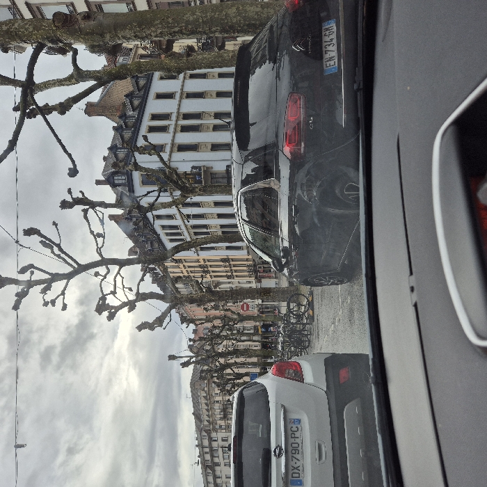 The image displays an urban street scene in Strasbourg, France, captured from within a vehicle looking forward over its dashboard on an overcast day. A white Opel Mokka compact SUV, bearing French license plate DX-790-PC, is directly ahead, positioned in the left half of the frame and facing away from the viewer. To its right, a black Citroën C4 Picasso MPV, displaying French license plate EN-734-GM, is oriented similarly. The street surface between and around the vehicles appears wet. Centrally, beyond the vehicles, a bicycle rack holds multiple parked bicycles. The street is lined with mature deciduous trees featuring bare, pollarded branches. The background is composed of a continuous row of multi-story European-style buildings with varied facades, prominent windows, and traditional pitched roofs. The sky is uniformly grey and cloudy. No individuals are visible.