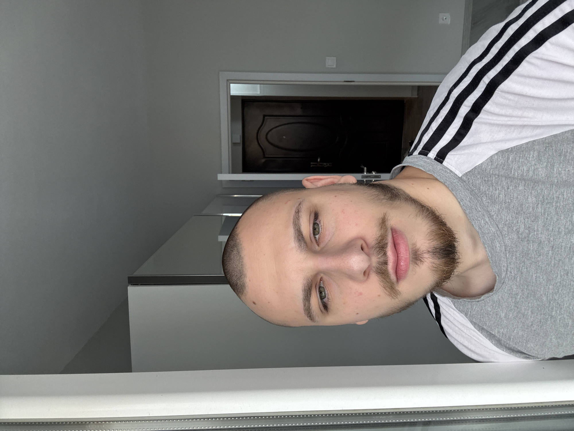 A head-and-shoulders self-portrait shows a fair-skinned male with a closely shaved head, a brown mustache and beard, and light-colored eyes. He is wearing a gray t-shirt with white sleeves and black stripes down the sleeves. The background is an interior room with gray walls. A white door frame is visible, revealing a dark door beyond. A light switch is on the wall near the door frame. Part of a white countertop or window ledge is visible in the foreground. The location is unknown, and there's no evidence to suggest it is in Stara Zagora, Bulgaria.