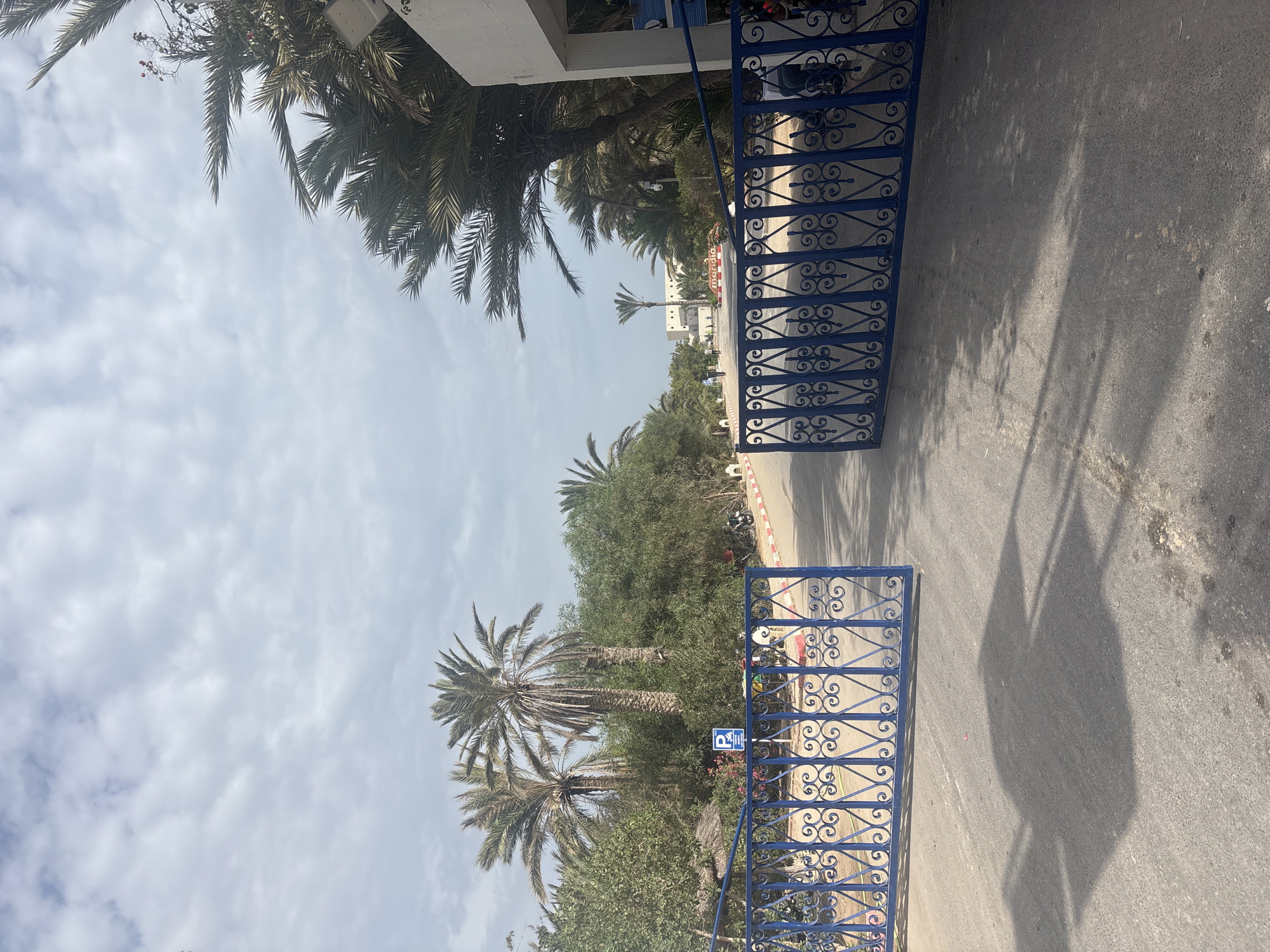 A wide-angle, eye-level exterior shot captures an open, ornate blue metal gate leading into a paved area. Palm trees and dense green foliage dominate the background, with a partially visible white building on the far right. The sky above is cloudy and grey. The scene appears to be in Taguermess, Tunisia, indicated by a sign with the word "mediar" visible in the distance, possibly a resort or hotel name. A blue sign with a white 'P' and a bicycle symbol is affixed to a pole on the left side of the path. The ground is asphalt, with shadows from the gate and foliage cast across it. A white motorcycle and a person in dark clothing are visible beyond the gate on the right side of the paved area.