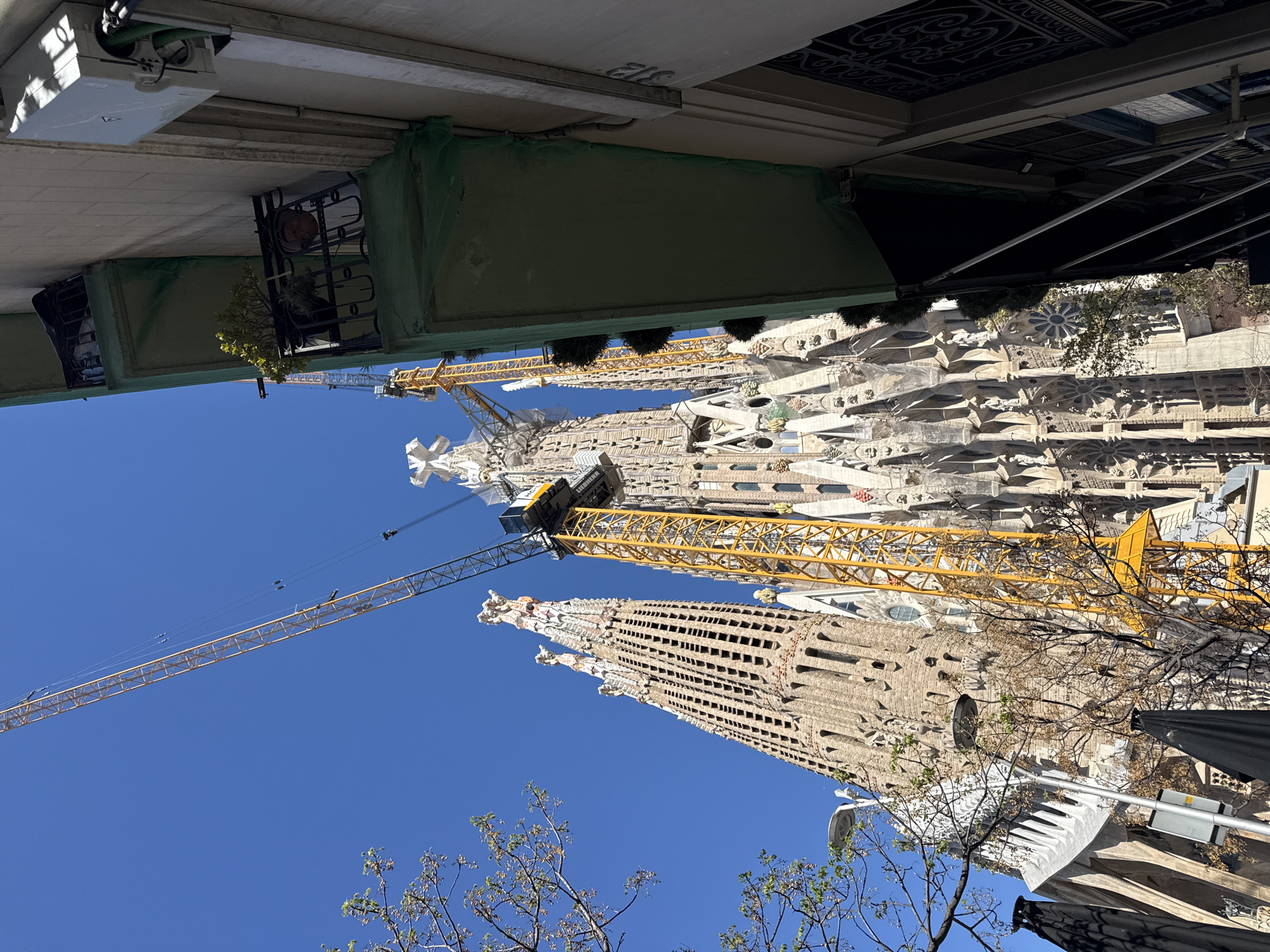 This is a photograph of the Sagrada Familia in Barcelona, Spain. The shot is taken from a low angle, looking up at the cathedral and the sky. Several construction cranes are visible, indicating ongoing work on the building. The sky is clear and blue. In the foreground, there are trees and parts of the building across the street.