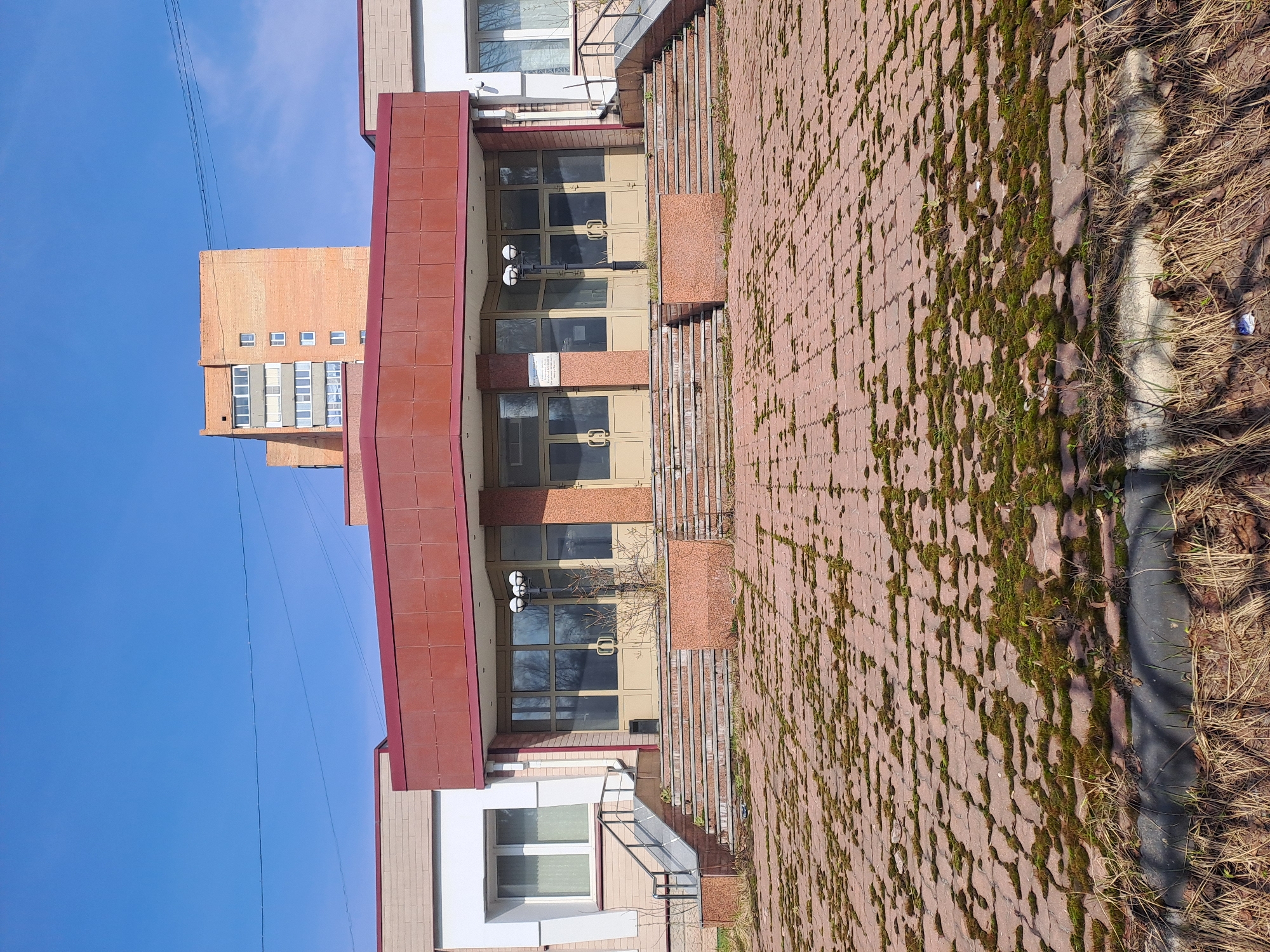 The image shows a building with a brick facade, located in Elektrostal, Russia. The building has large windows and a prominent maroon-colored overhang. A brick walkway, partially covered with moss, leads to the building's entrance. A taller, multi-story brick building is visible in the background against a clear blue sky. Power lines run across the upper left portion of the frame. The curb bordering the walkway is lined with dry grass and scattered debris.