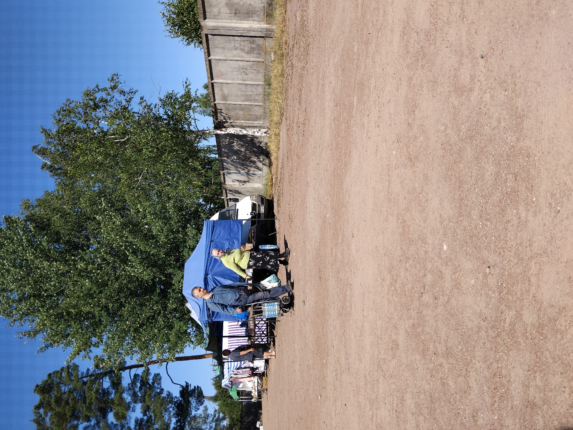 In Irshansk, Ukraine, on a bright, sunny day, a scene unfolds at what appears to be an outdoor market or flea market. The ground is covered in a coarse, sandy soil. In the mid-ground, a blue tent is erected, with a white van parked alongside it. To the left of the tent, another market stall is visible with striped awnings.
Two individuals are walking from left to right in front of the blue tent. The person on the left is a man wearing a striped blue shirt and jeans, pulling a blue and gray shopping cart. The person on the right is a woman in a light green long-sleeved shirt and a black and white patterned skirt, carrying an object in her right hand. Further to the left, a man in a dark t-shirt and shorts stands near another market stall.
The background features a row of large, mature trees, including a tall pine tree on the left and a birch tree with a white trunk. A concrete wall runs along the right side of the image. The sky is a clear, vibrant blue. The overall impression is of a casual outdoor gathering or market activity.