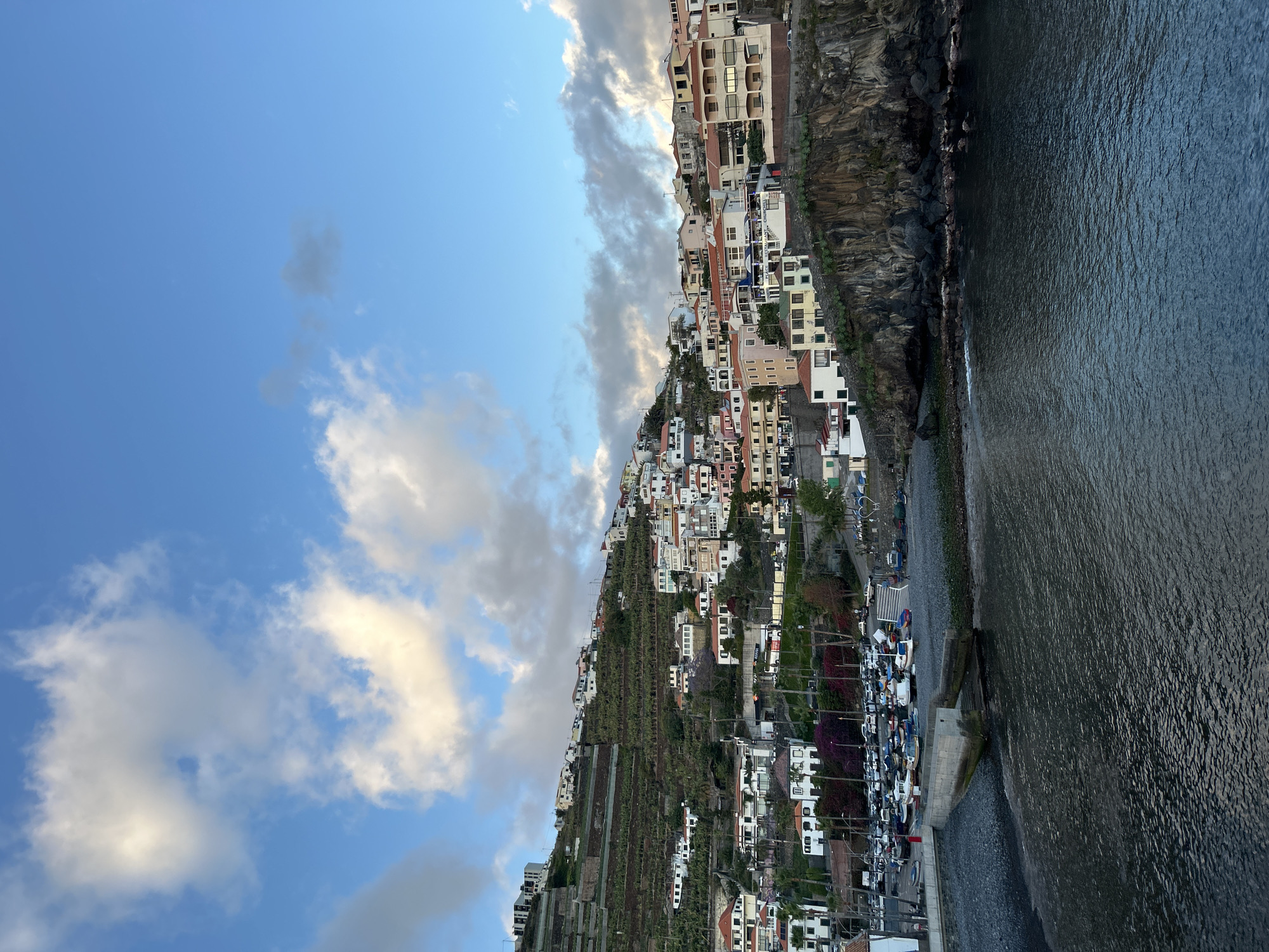 The image shows the city of Câmara de Lobos, Portugal, located on a steep hillside adjacent to the Atlantic Ocean. The hillside is densely populated with a mix of residential and commercial buildings, and terraced vineyards. The city extends from the waterfront up the slope. The waterfront area includes a small harbor filled with boats. The sky is a mix of blue and white clouds.