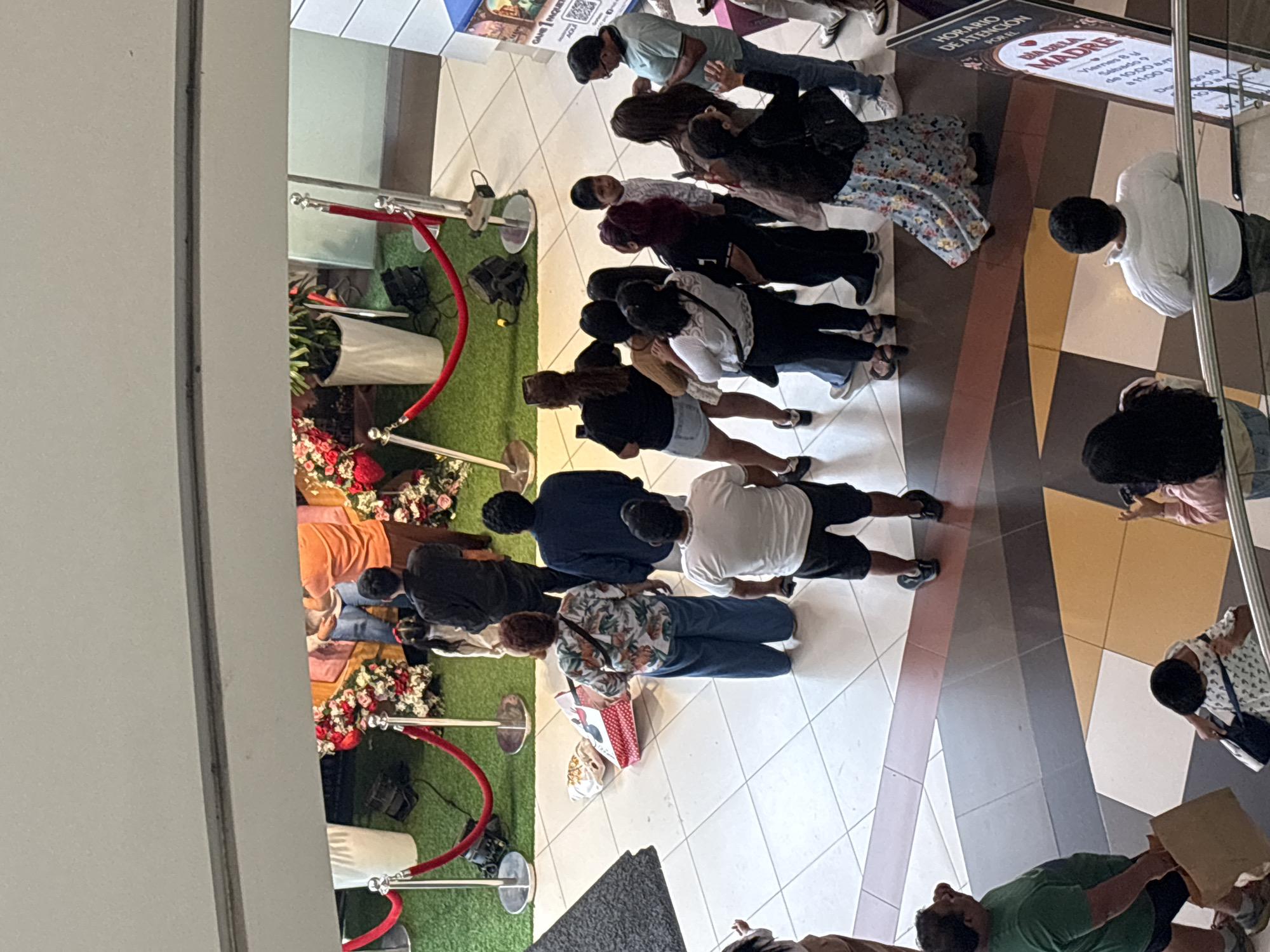 The image shows a group of people queuing in what appears to be an indoor space, possibly a shopping mall or event center. They seem to be observing or waiting for something on the left, which is partially obscured by a red rope barrier and decorations, possibly a floral display. There are potted plants and what seem to be artificial grass sections. Some individuals are looking at their phones. The ground has a tiled pattern. A sign related to "Dia de la Madre" (Mother's Day) is visible in the upper right. Based on the sign referencing Spanish and the location details provided, this scene likely takes place in a commercial area in San Juan de Miraflores, Peru.